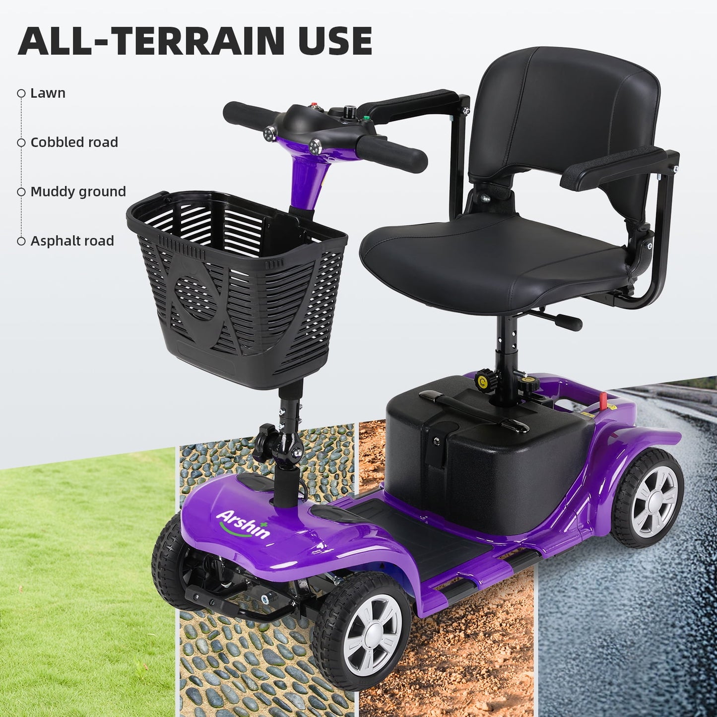 Arshin Mobility Scooters for Seniors,4 Wheels Mobility Scooters Lightweight and Portable,180W 24V Motor,Suitable for Travel,Adults,Elderly(Purple)