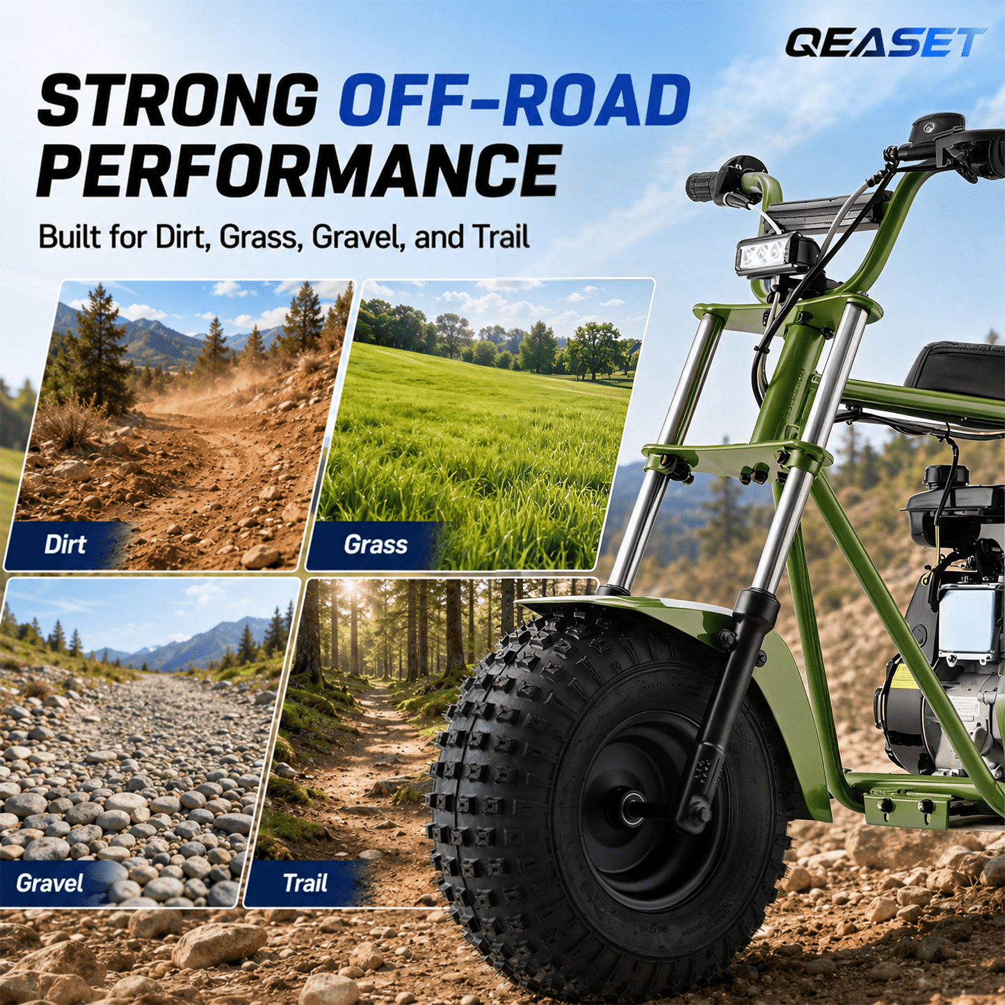 QEASET 105CC 4-Stroke Mini Bike with Shock Absorption, Off-Road Motorcycle, Green