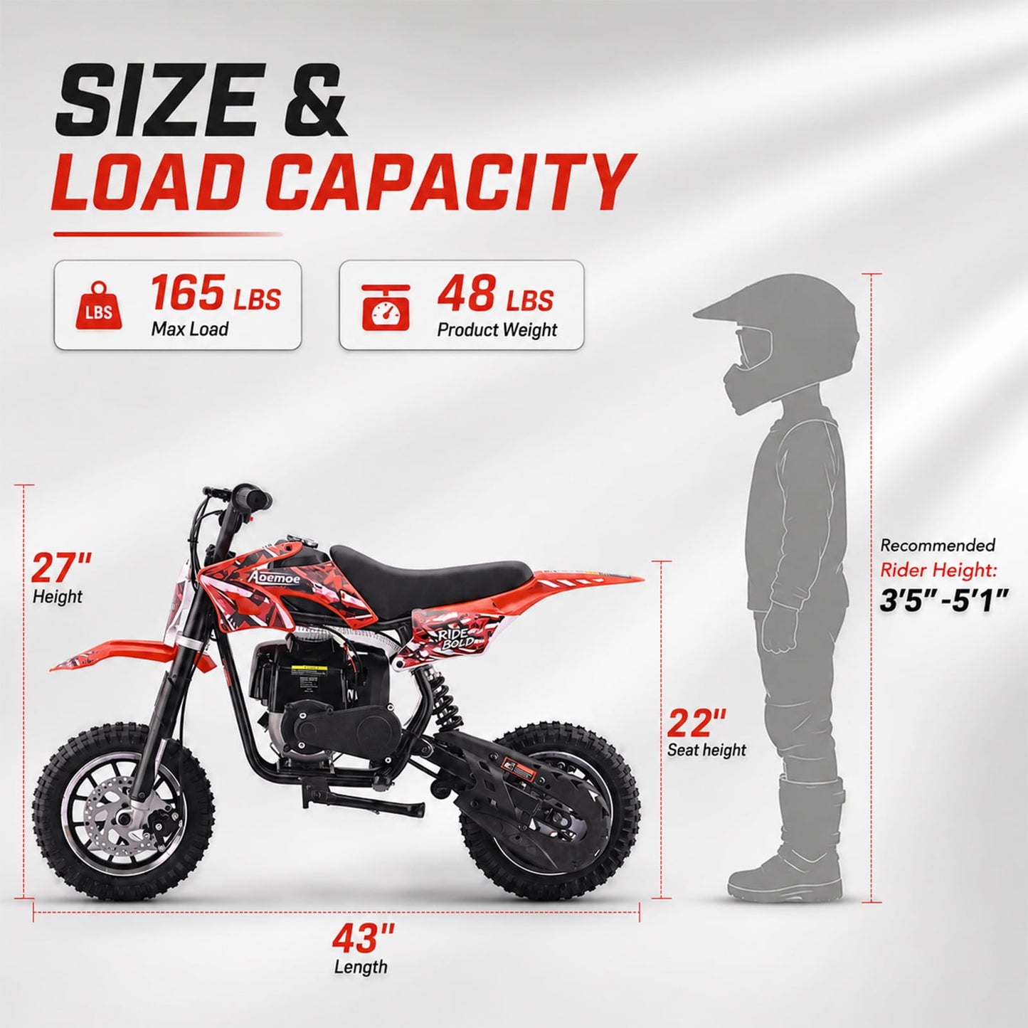Aoemoe dirt bicycles, 39cc gas power motorcycle, 45×24×16in , 4-Stroke, dirt bicycles for kid 8 14, Red