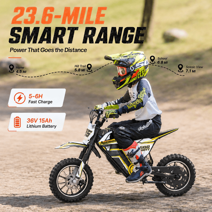 Aoemoe Electric Dirt Bike, 36V 500W Motorized Mini Bike, 17 MPH Top Speed, Front Suspension, Off-Road Tires, Yellow