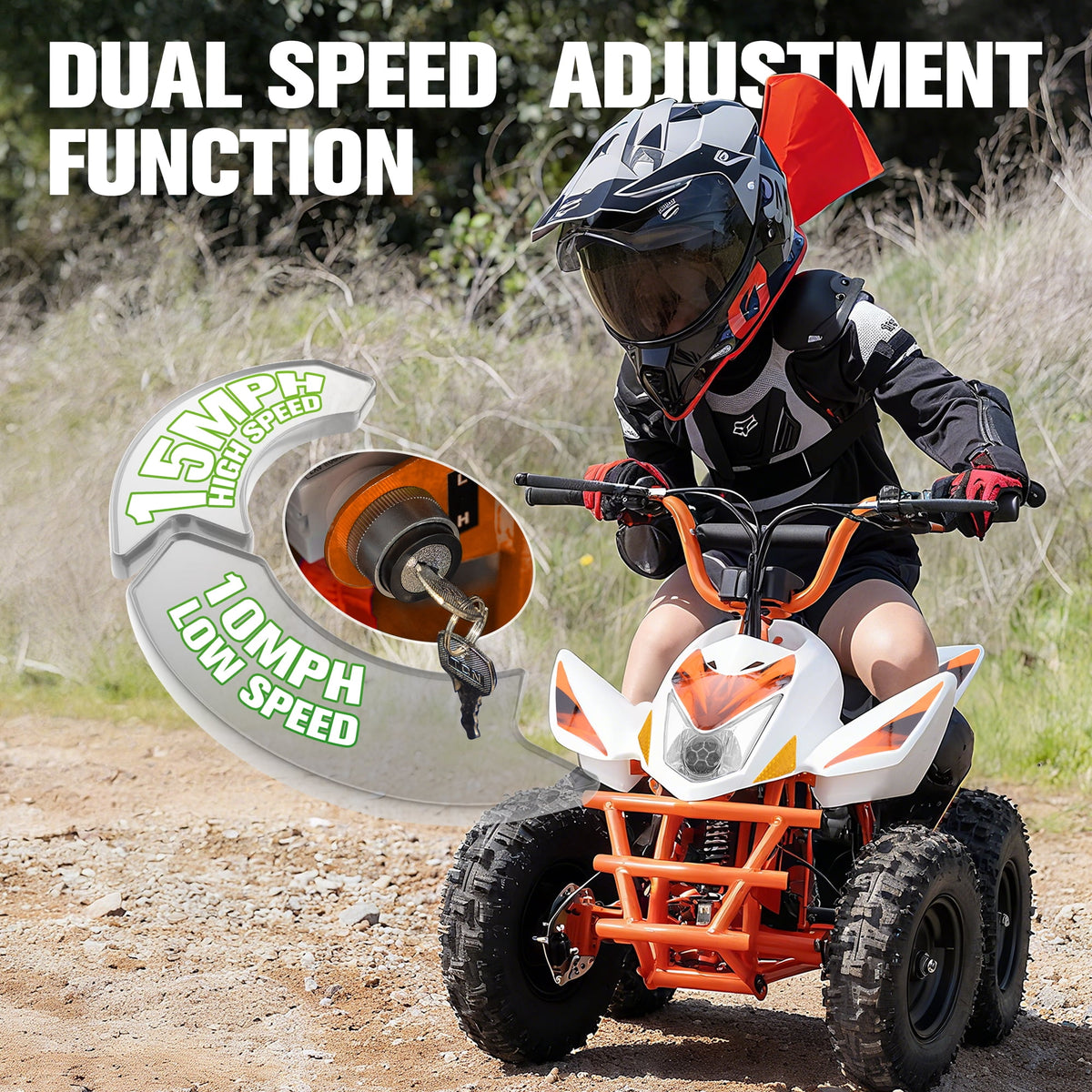IVFJFV Electric Four Wheeler Vehicle with Dual Speed Adjustment, 15 MPH MAX Speed,4 Wheeler Front & Rear Shock Absorbers, All-Terrain Pneumatic Tires, Safety Disc Brake & Warning Flag,ORANGE