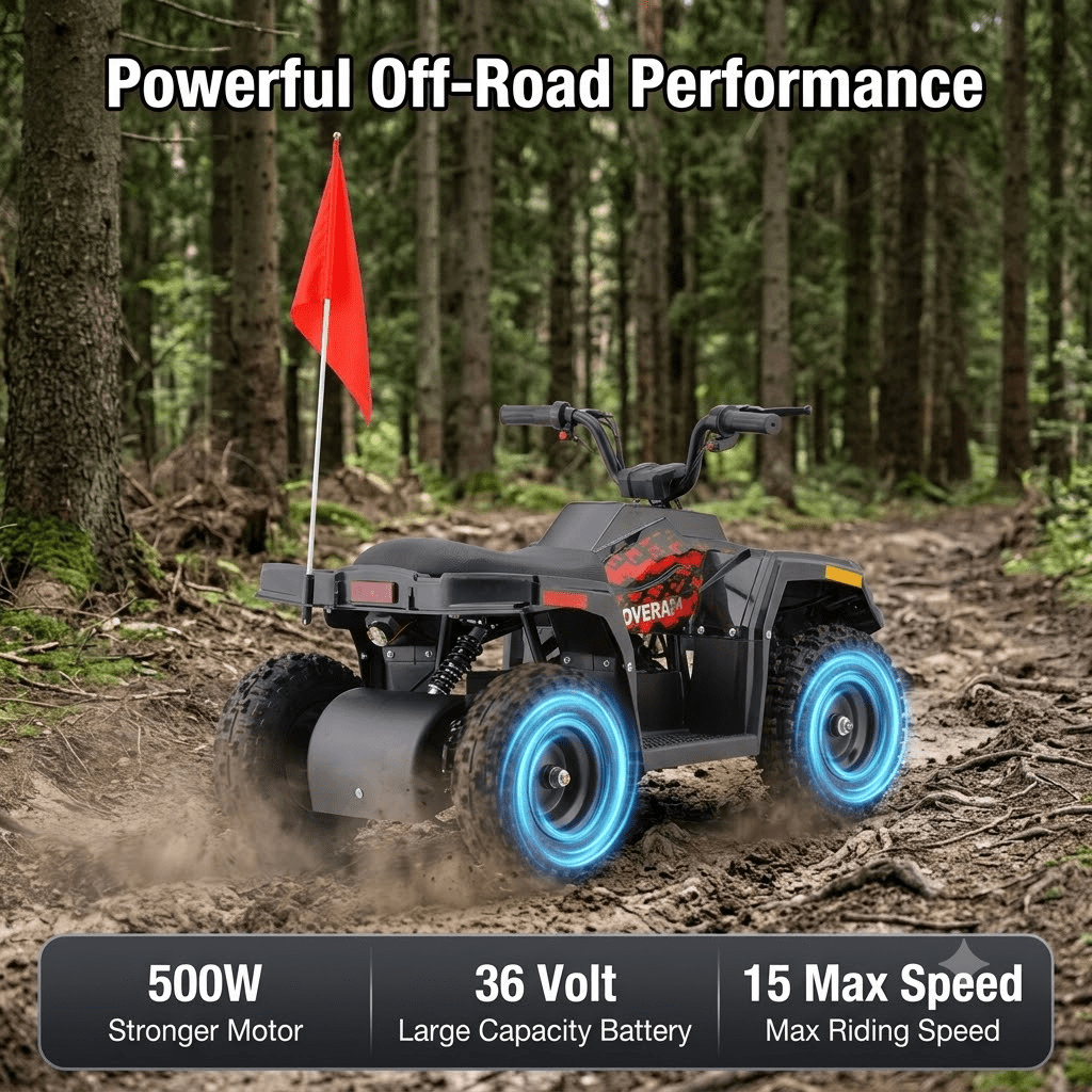 IVFJFV 36V 500W Electric Four Wheeler Off-Road Ride On,Dual Speed 10/15MPH,Dual Shock Absorbers,Disc Brake,LED Headlight,Max Load 143LBS, Safety Flag & Emergency Stop Switch,RED