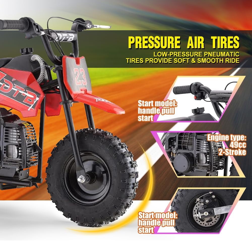 Aoemoe Mini Kid Dirt Bike, 49 CC 2-Stroke Gas Bike with Off-Rode Tire, Suspensions, Disc Brakes, Max Load 160Lbs, Up to 20Mph, EPA Approved