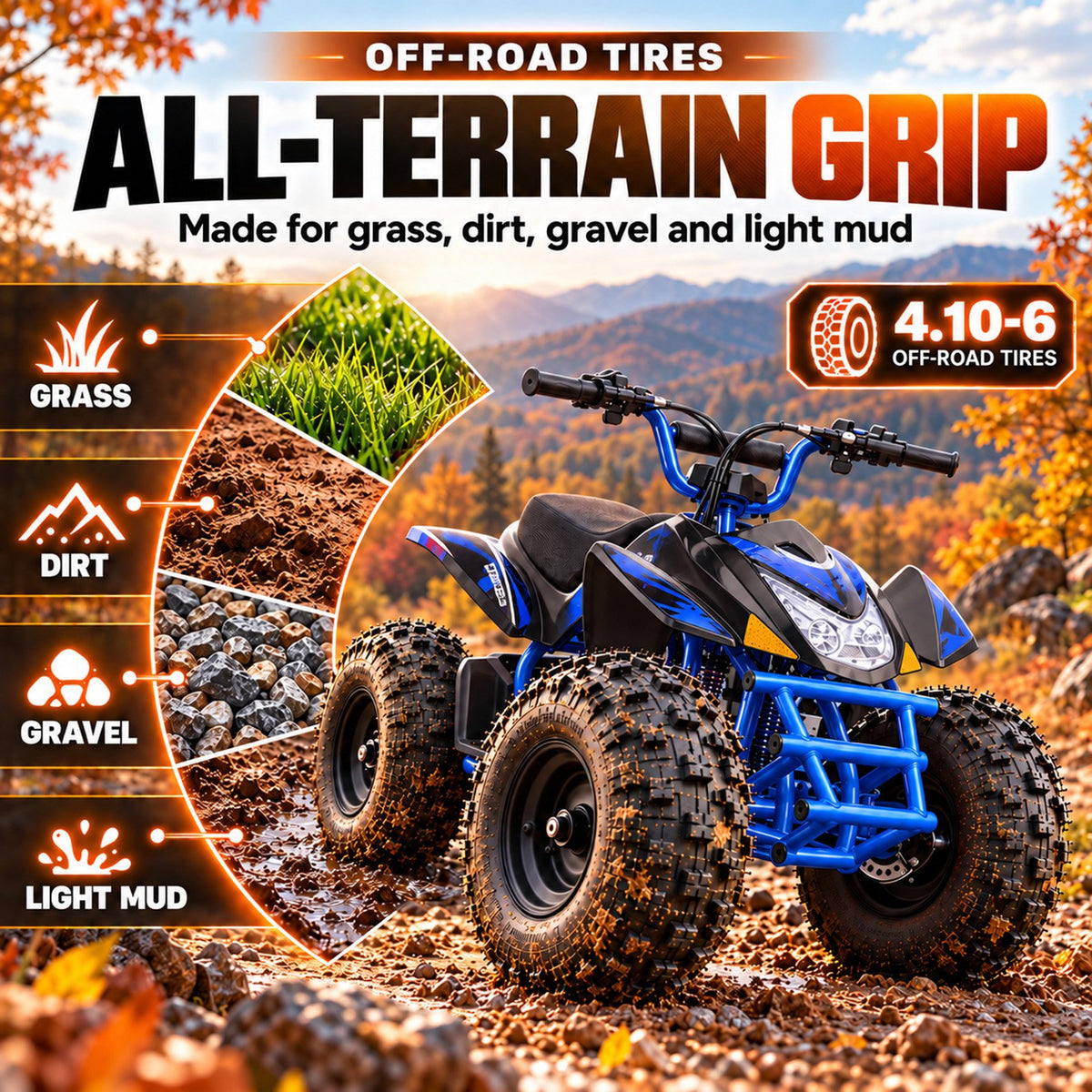 IVFJFV Powered 4 Wheeler,500W Electric 4 Wheeler with Dual Speed Adjustment,36V Four Wheeler Max 15 MPH, Front & Rear Shock Absorbers, All-Terrain Tires and Safety Disc Brake,BLUE