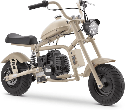 Aoemoe Gas Mini Chopper Bike, DB003 Model 49.4 CC 2-Stroke Dirt Bike with Big Headlight, Rear Shock Absorber, Metal Frame, Disc Brakes, Max Load 165Lbs, Up to 18Mph（Sand）