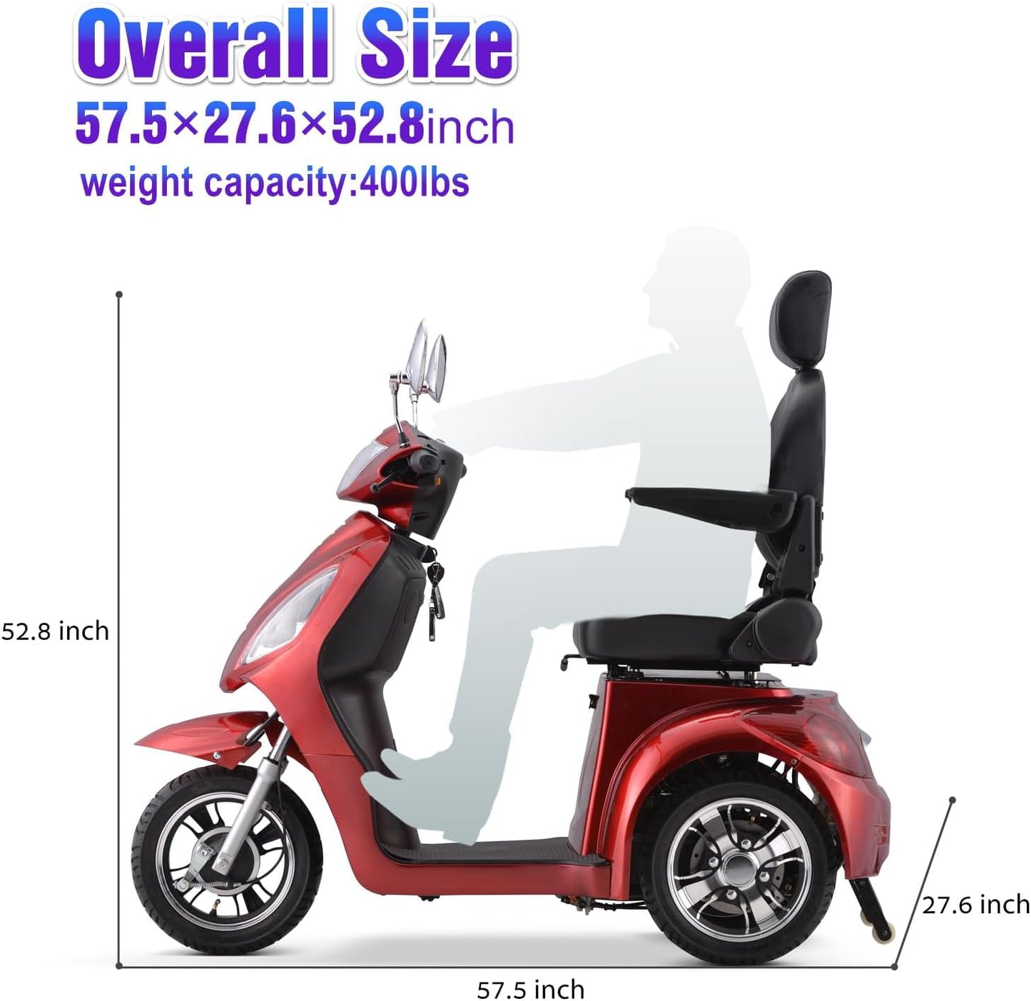 Super Large Electric 3 Wheel Mobility Scooters, Heavy Duty 800W Wheelchair Device, 500 LBS Capacity for Seniors & Adults, Speed Adjust, Remote Key, Receive Ready to Ride.（Red）