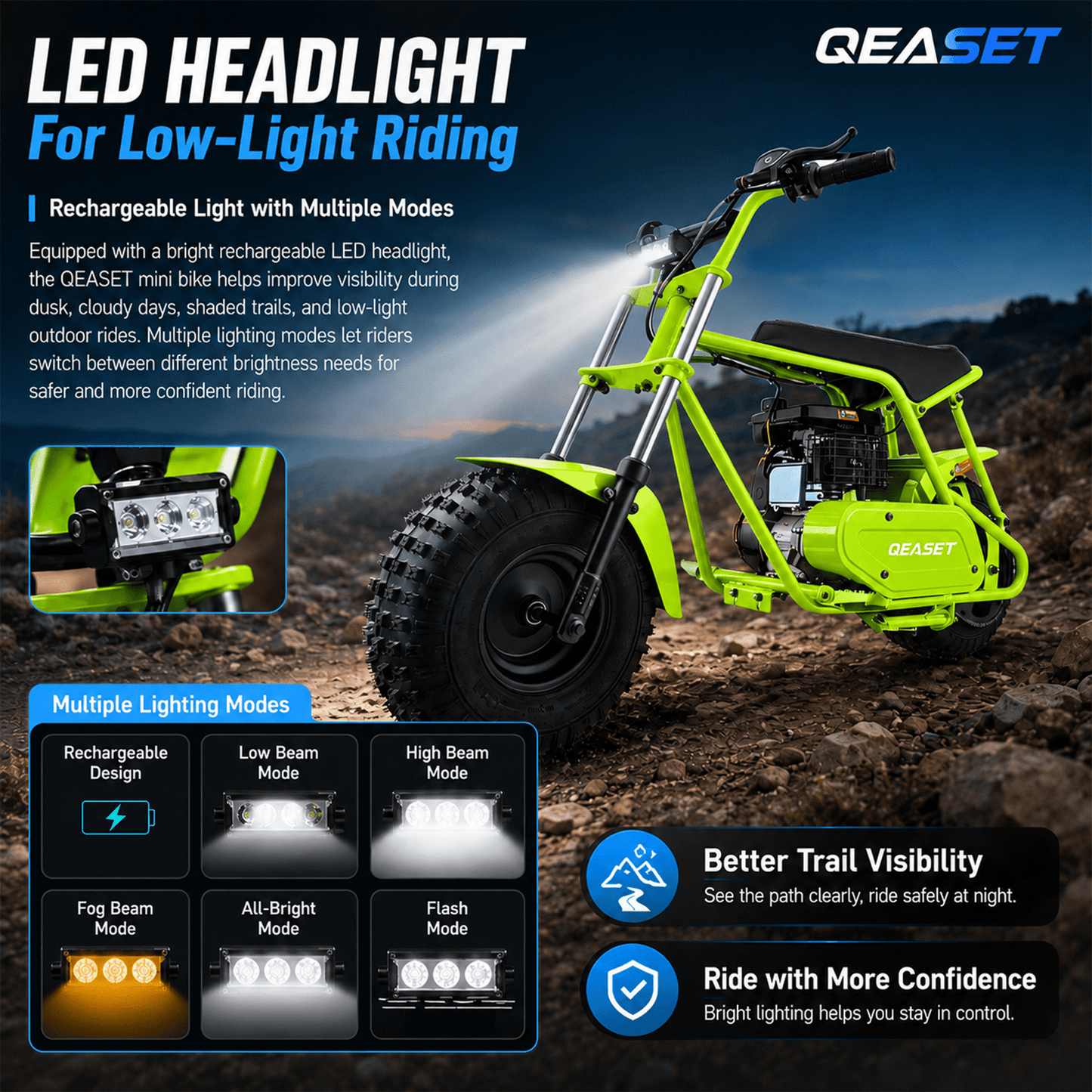 QEASET 105CC 4-Stroke Mini Bike with Shock Absorption, Off-Road Motorcycle, SD