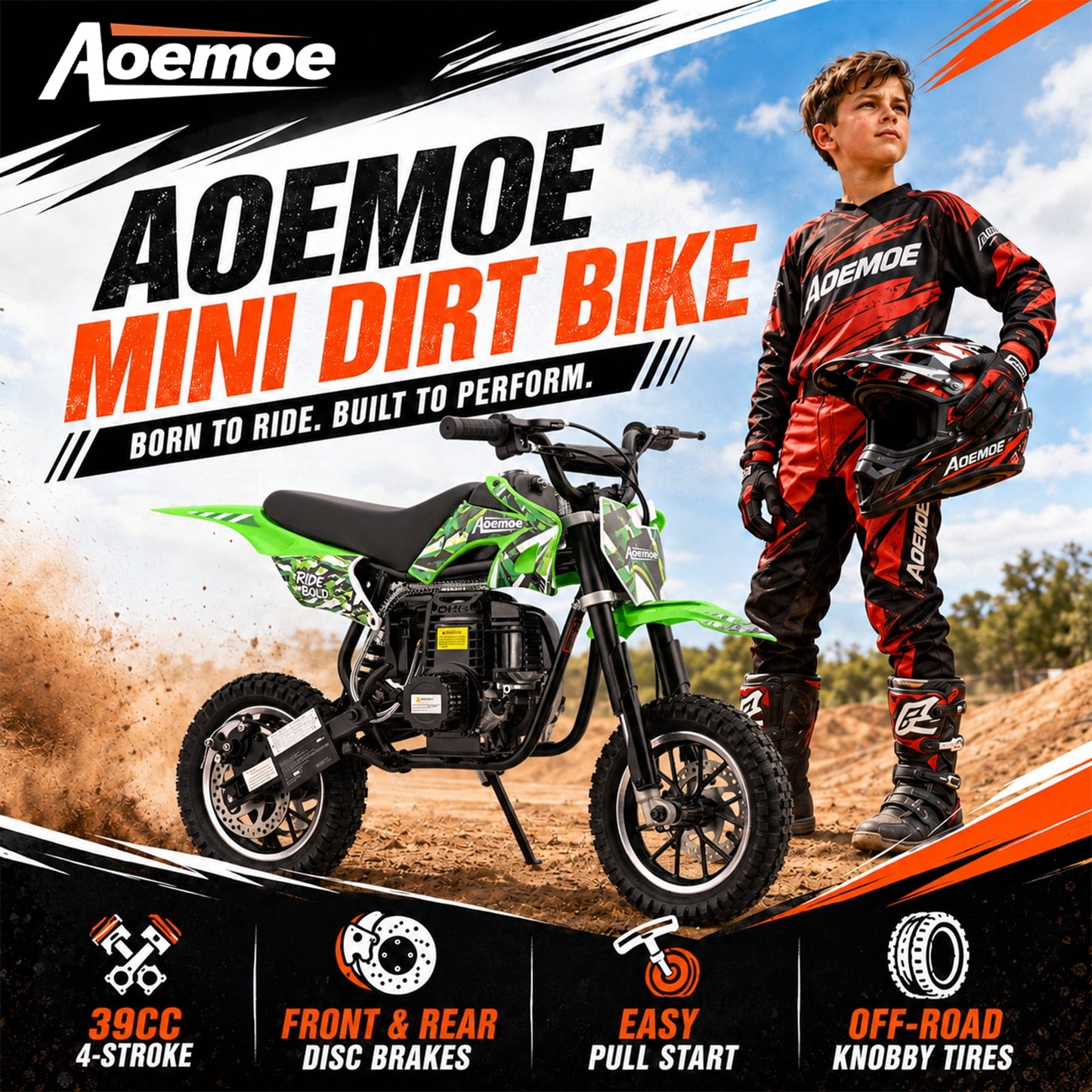 Aoemoe 49cc Kids Dirt Bike, Gasoline Powered 2-Stroke Mini Motorcycle, 1-Seater, Green