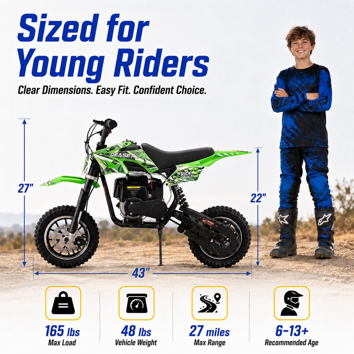QEASET Mini Bicycles Ride-On Toy, 39cc 4-Stroke Gas Powered Off-Road Motorcycle with Rear Suspension & Disc Brakes, 18 MPH Top Speed, Supports Up to 165 lbs, Green