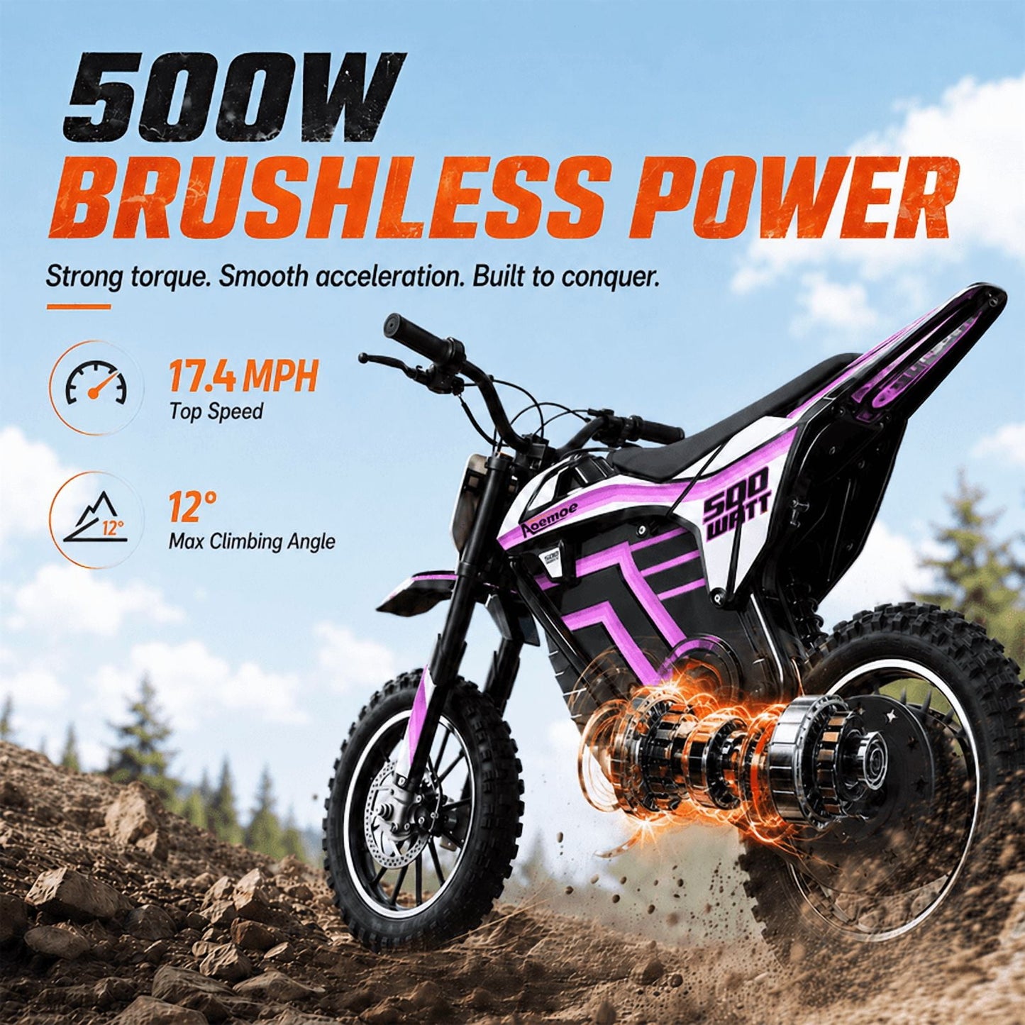 Aoemoe Electric Dirt Bike, 36V 500W Motorized Mini Bike, 17 MPH Top Speed, Front Suspension, Off-Road Tires, Purple