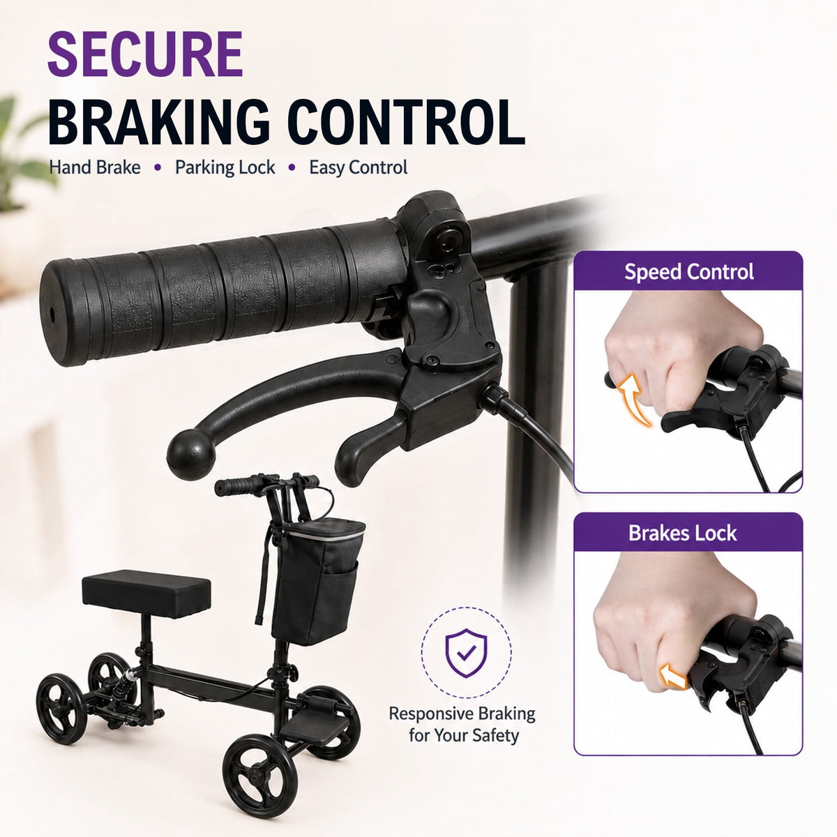 Knee Walker Scooter, All-Terrain-Free Foldable Mobility Aid with Brake & Bag, Black
