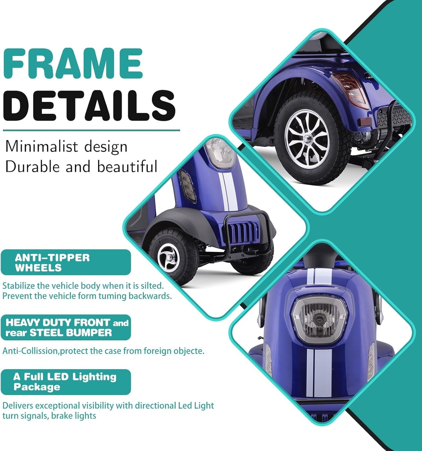 Aoemoe 4-Wheel Mobility Scooter, Electric Heavy Duty Wheelchair, 500 Lb Limit, Blue