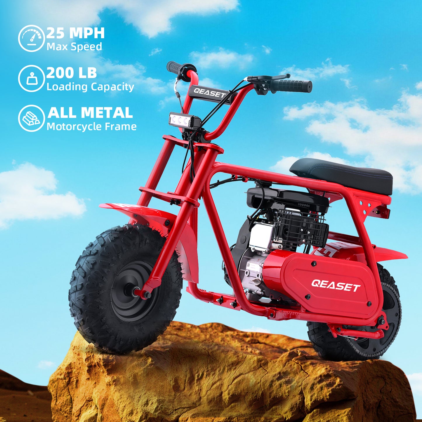 QEASET 99cc Dirt Bike, Gas Powered, 4-Stroke with LED Headlight, 25MPH Minibike Trail Bike, Pull Start, Poucket Bike for Teenager and Adult, Summer Gift