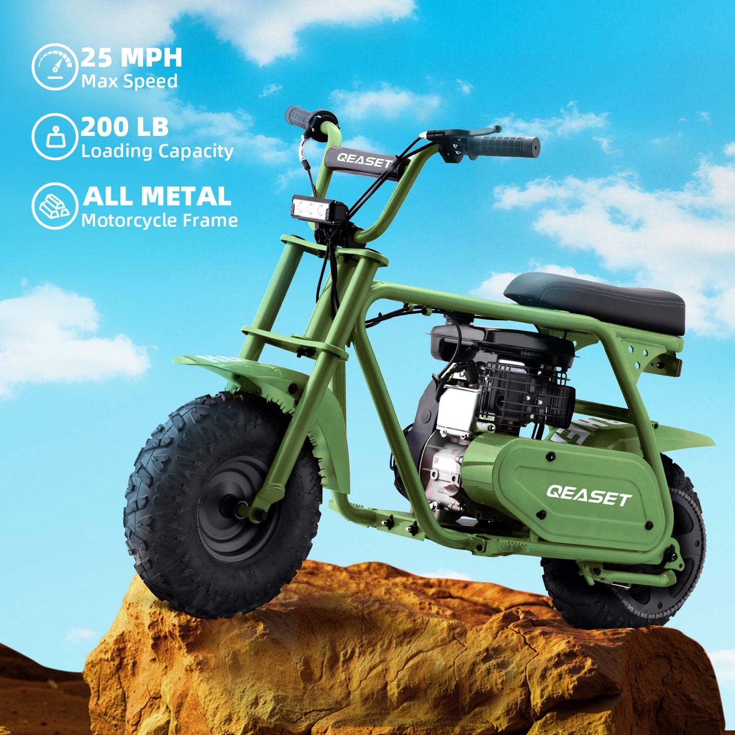 QEASET 99cc Dirt Bike, Gas Powered, 4-Stroke with LED Headlight 22MPH Minibike, Pull Start for Teenager and Adult, Green