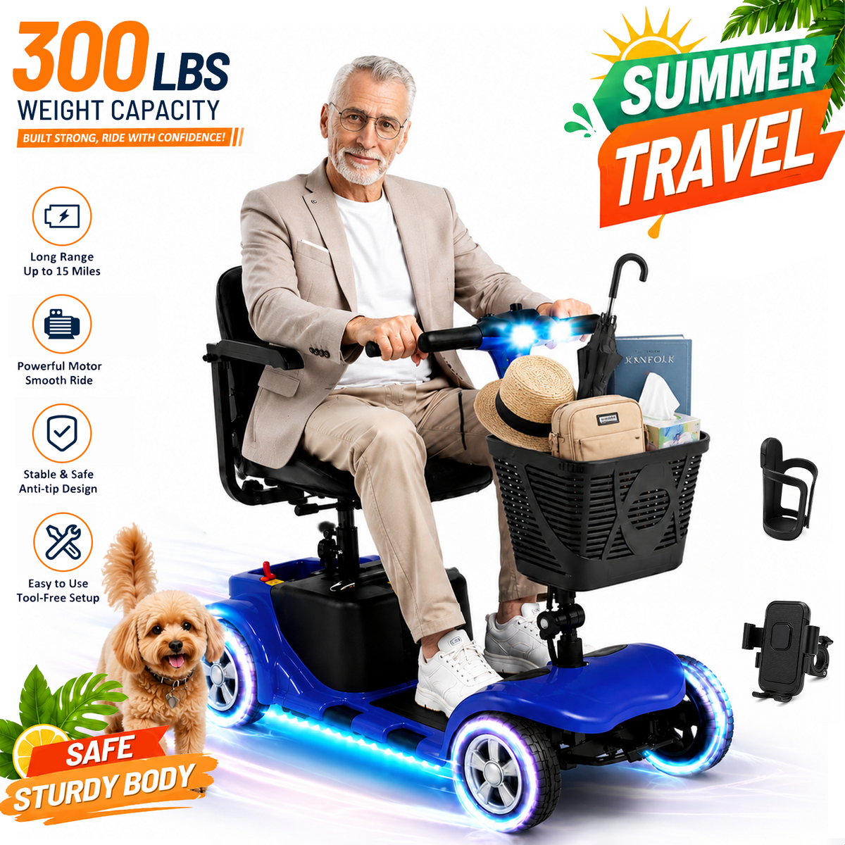 LiltJan Foldable Mobility Scooter for Adults Elderly– 4-Wheel Portable Motorized Scooter with 300 lbs Capacity, Detachable Battery，Including Charger