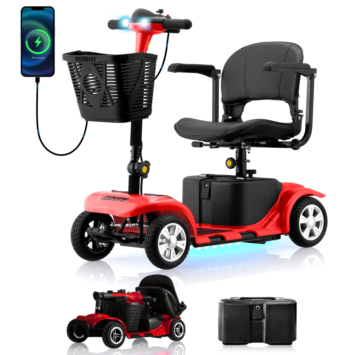 SKRT Mobility Scooter for Adults, Senior, skmc 4 Wheels Electric Powered Chargeable Device for Travel, Lightweight and Portable, with LED Headlights and Basket, Charger Included
