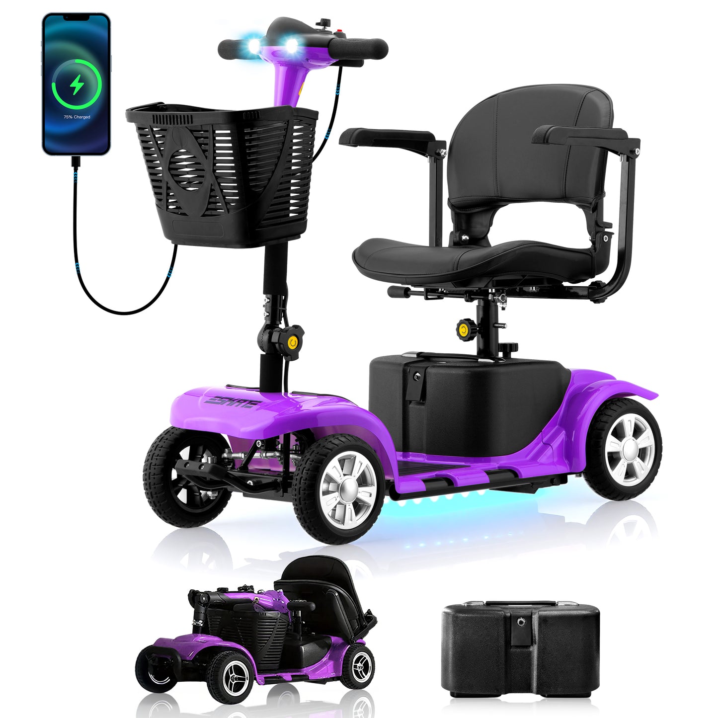 SKRT Mobility Scooter for Adults, Senior, skmc 4 Wheels Electric Powered Chargeable Device for Travel, Lightweight and Portable, with LED Headlights and Basket, Charger Included