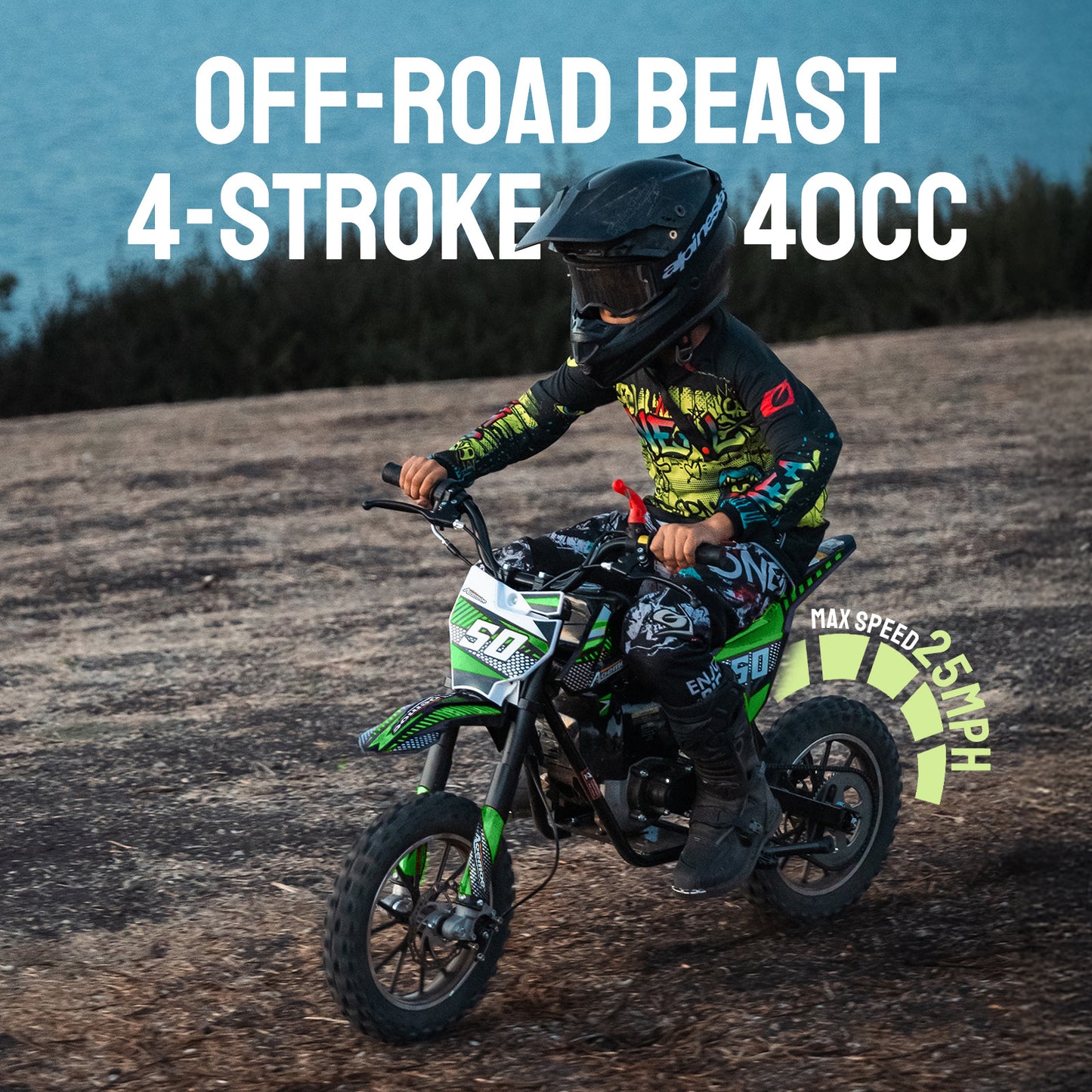 Aoemoe Gas Dirt Bike, 40cc 4-Stroke Gas Powered Kids Off Road Motorcycle (Model-DB4S004) with Off-Road Tire, Suspensions, Disc Brakes, Max Load 165Lbs, Up to 25Mph, NO OIL MIX REQUIRED