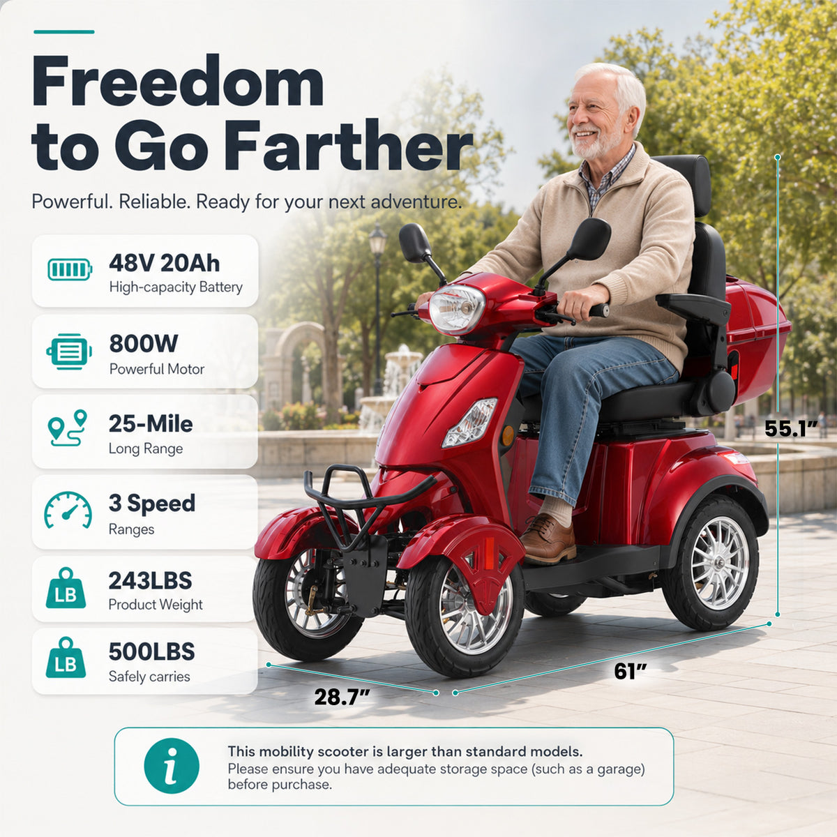 LiltJan Electric Mobility Scooter for Adults Seniors, Heavy Duty 4 Wheel All Terrain Scooter with 800W Brushless Motor, 500 lbs Capacity, 31 Miles Range, 15 MPH Adjustable Speed, Full Suspension