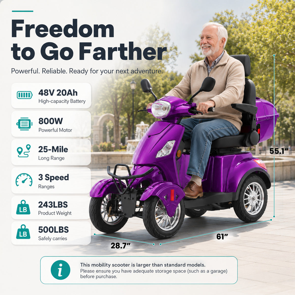 LiltJan Electric Mobility Scooter for Adults Seniors, Heavy Duty 4 Wheel All Terrain Scooter with 800W Brushless Motor, 500 lbs Capacity, 31 Miles Range, 15 MPH Adjustable Speed, Full Suspension