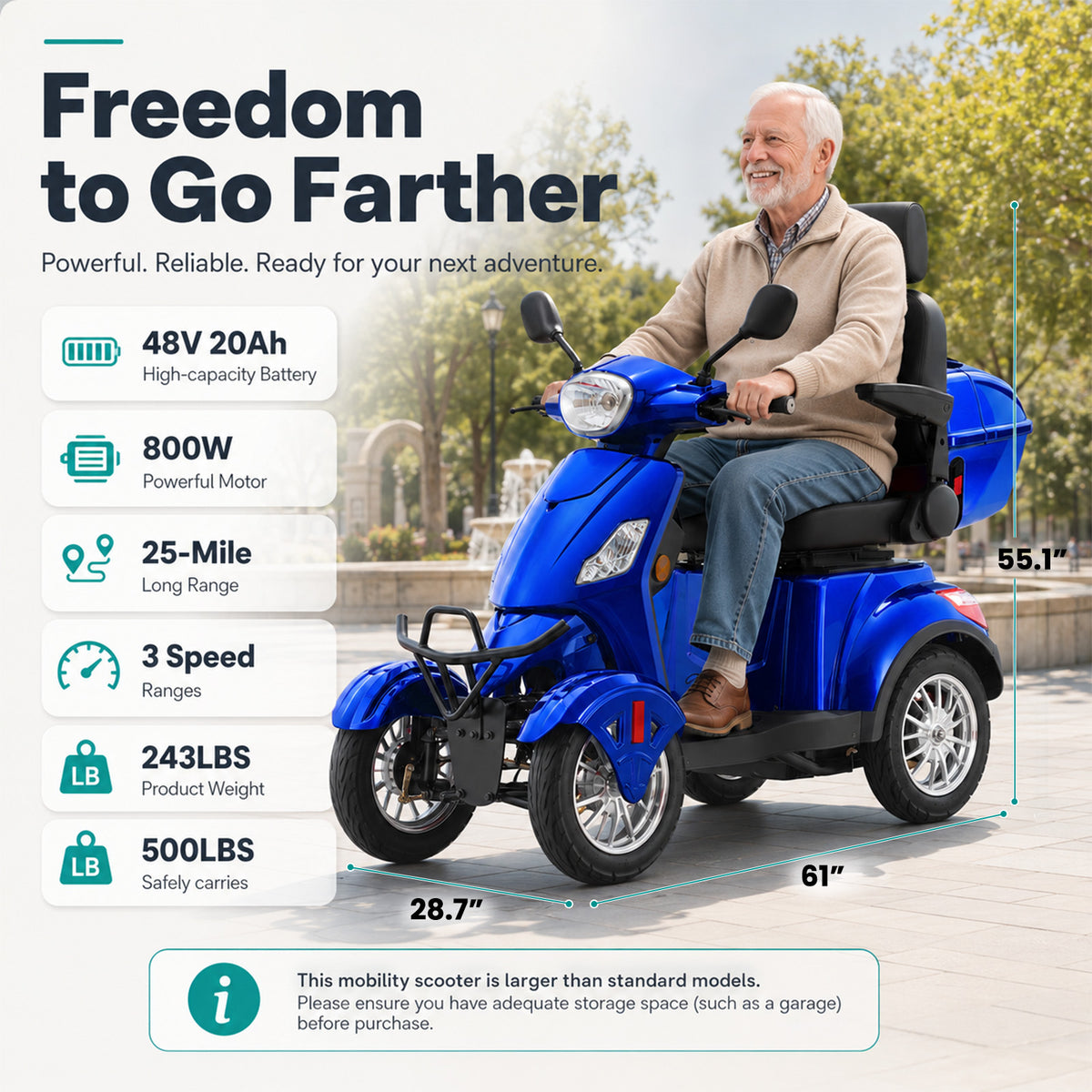 LiltJan Electric Mobility Scooter for Adults Seniors, Heavy Duty 4 Wheel All Terrain Scooter with 800W Brushless Motor, 500 lbs Capacity, 31 Miles Range, 15 MPH Adjustable Speed, Full Suspension