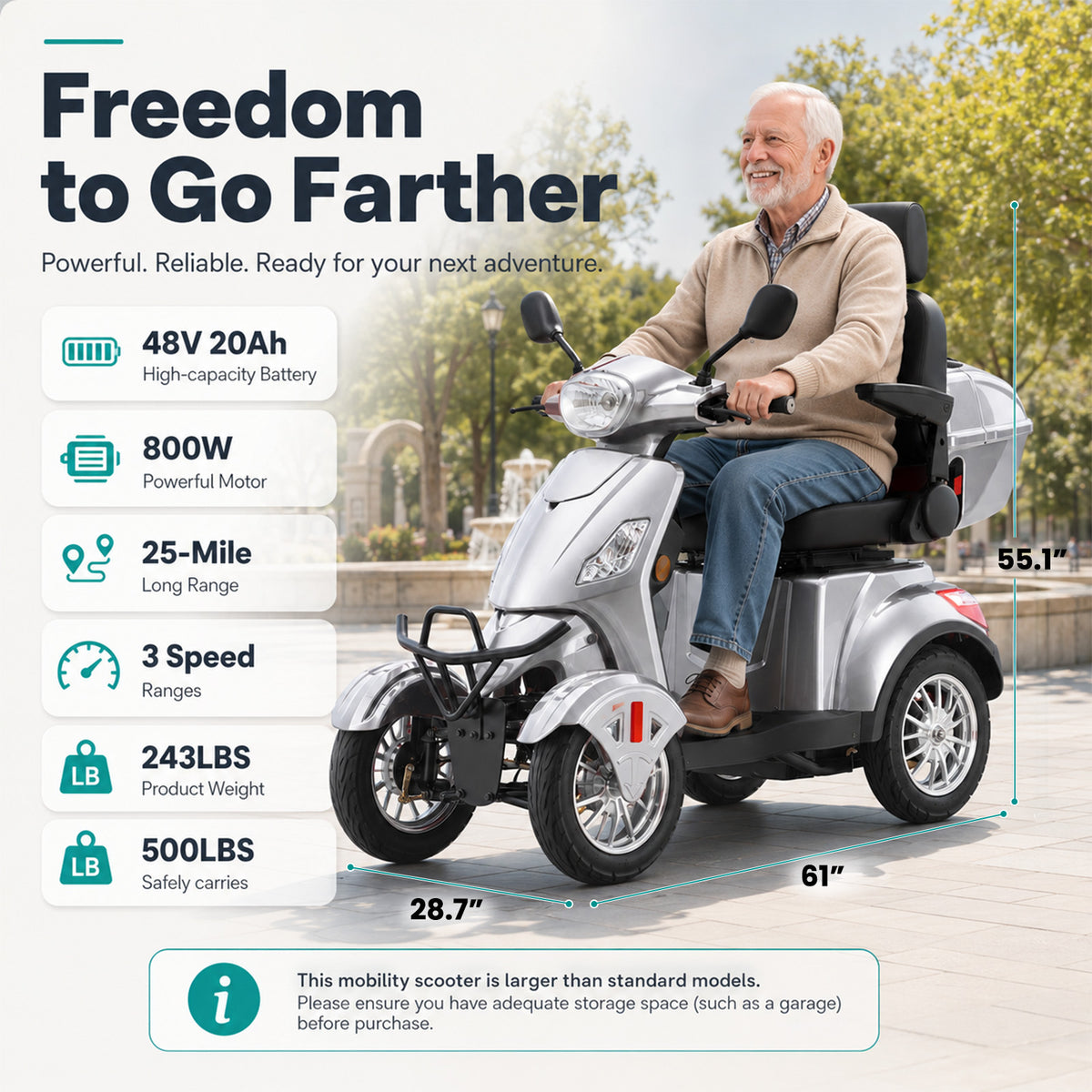 LiltJan Electric Mobility Scooter for Adults Seniors, Heavy Duty 4 Wheel All Terrain Scooter with 800W Brushless Motor, 500 lbs Capacity, 31 Miles Range, 15 MPH Adjustable Speed, Full Suspension