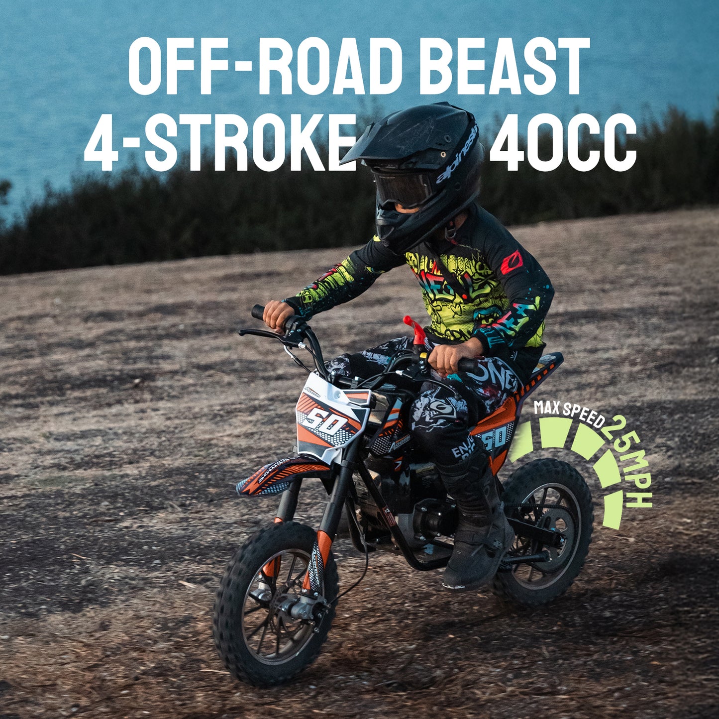 Aoemoe Gas Dirt Bike, 50cc 4-Stroke Gas Powered Kids Off Road Motorcycle (Model-DB4S004) with Off-Road Tire, Suspensions, Disc Brakes, Max Load 165Lbs, Up to 25Mph, NO OIL MIX REQUIRED