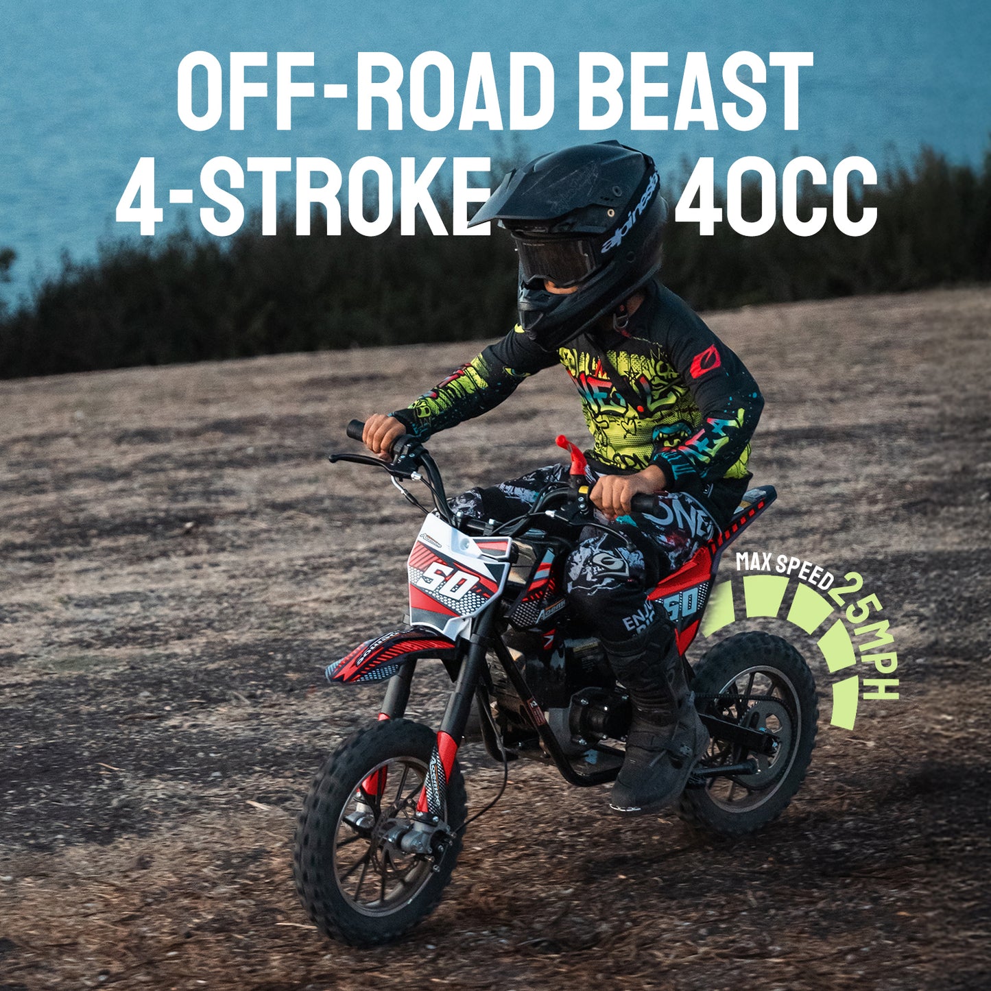 Aoemoe Gas Dirt Bike, 40cc 4-Stroke Gas Powered Kids Off Road Motorcycle (Model-DB4S004) with Off-Road Tire, Suspensions, Disc Brakes, Max Load 165Lbs, Up to 25Mph, NO OIL MIX REQUIRED