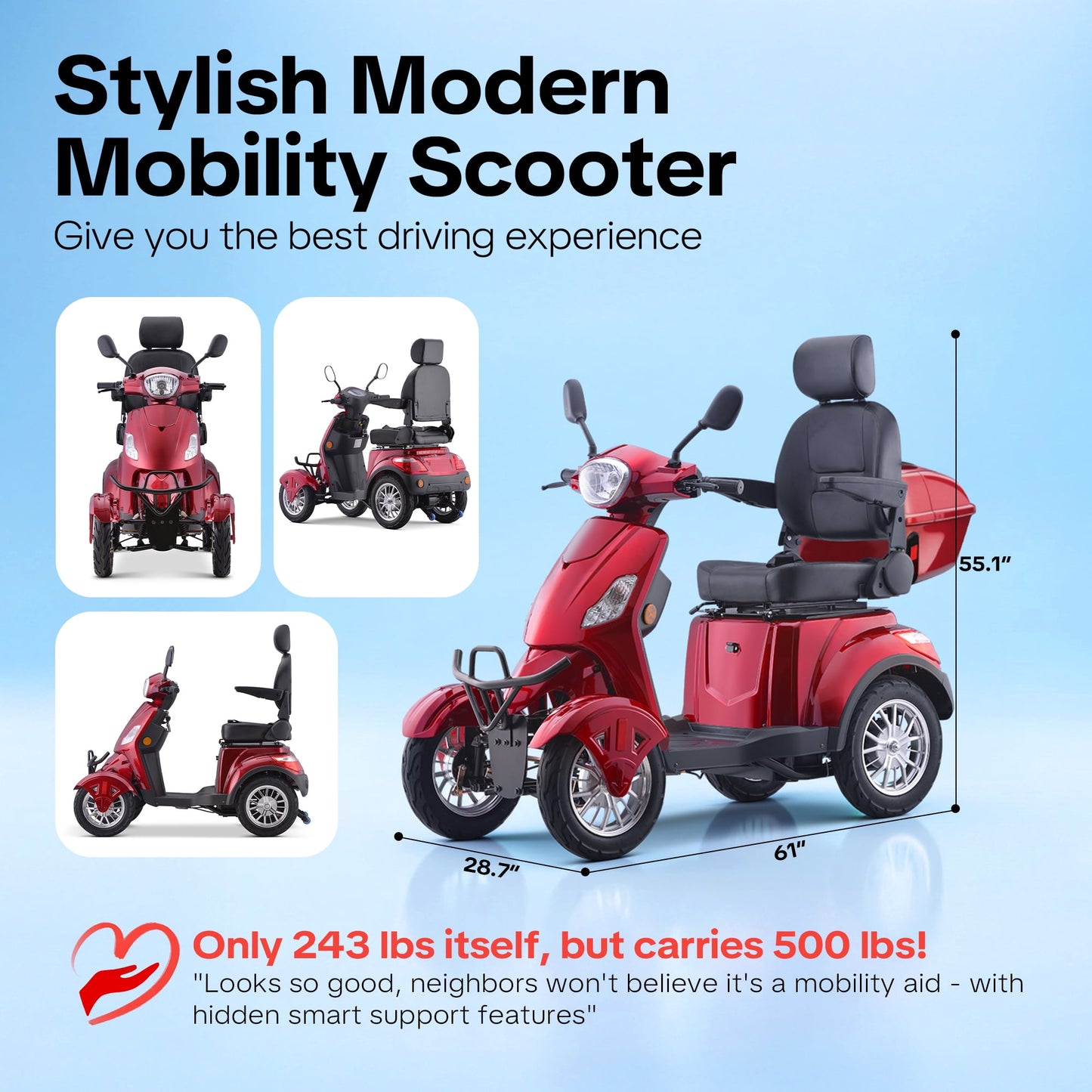 Upgrade Heavy Duty 4 Wheel Mobility Scooters for Seniors & Adults 500lbs Capacity,Arshin 800W All Terrain Fast Mobility Scooter for Travel,Electric Powered Chair,25 Miles Rang,Remote Key(Red)