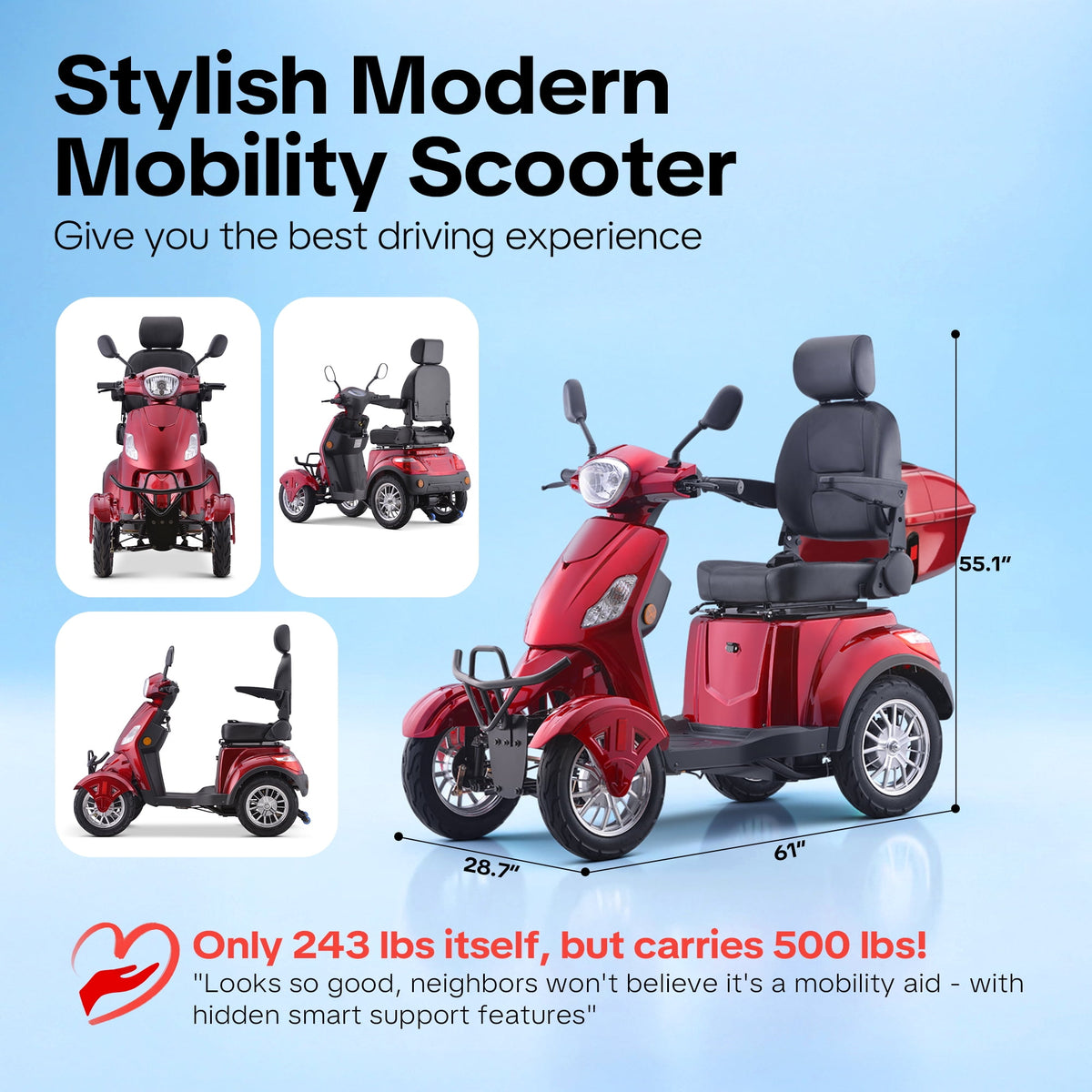 Ostrina Mobility Scooter for Seniors & Adults,500lbs Capacity,Heavy Duty 4 Wheel Electric Scooter,800W Motor,31 Miles,Speed Adjustable,Full Accessories(Red)