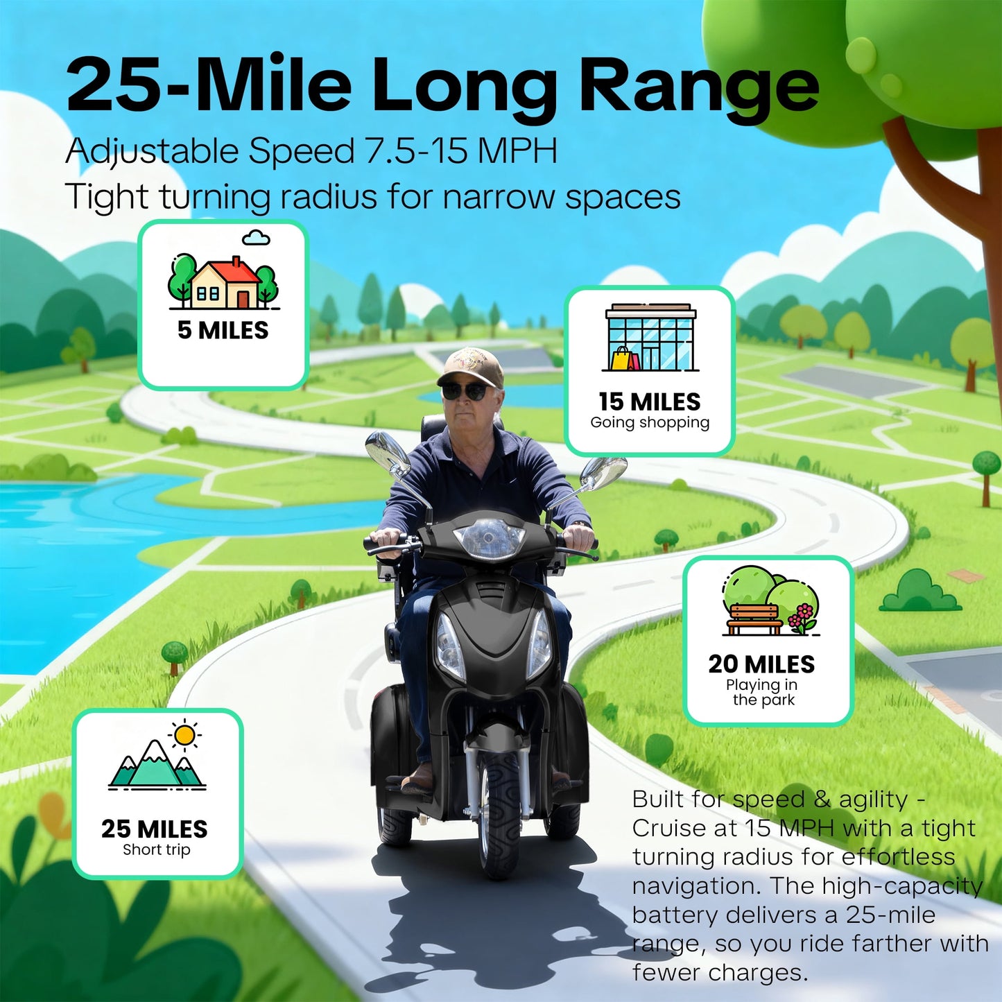 New & Improved 3-Wheel Mobility Scooter for Adults & Seniors - 500 lb Heavy Duty Capacity,31-Mile Range,800W Power for Outdoor Use by Arshin,All-Day Riding,Easy to Use(Black)