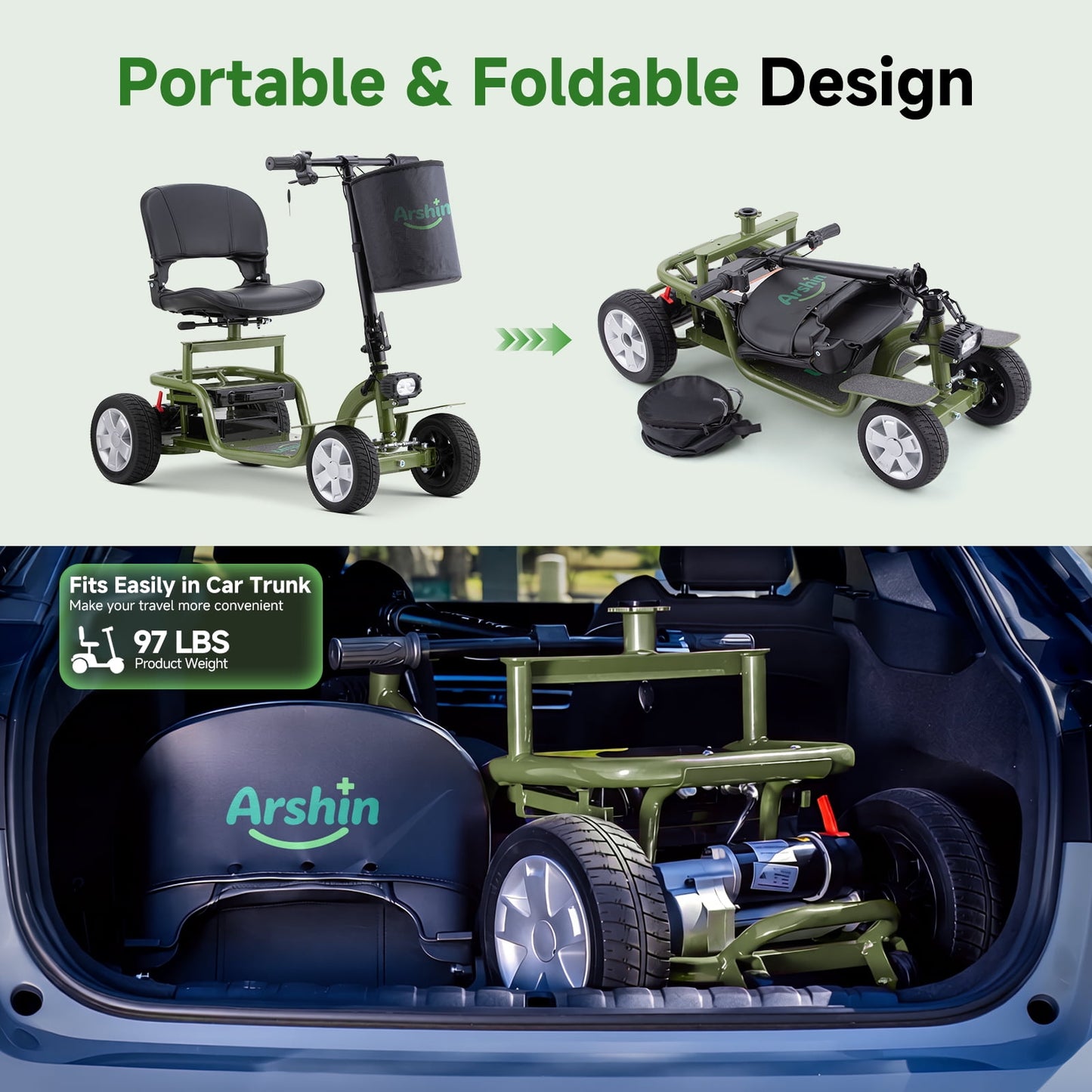 Arshin Mobility Scooter for Seniors & Adults,24V 250W Lightweight Foldable,300 lbs Capacity,Adjustable Speed(Green)