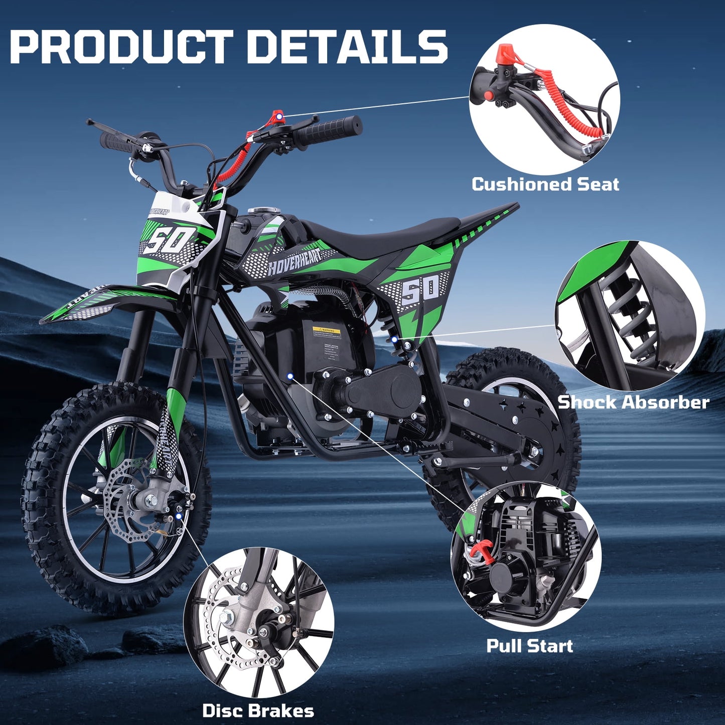 Aoemoe Gas Dirt Bike, 50cc 4-Stroke Gas Powered Kids Off Road Motorcycle (Model-DB4S004) with Off-Road Tire, Suspensions, Disc Brakes, Max Load 165Lbs, Up to 25Mph, NO OIL MIX REQUIRED