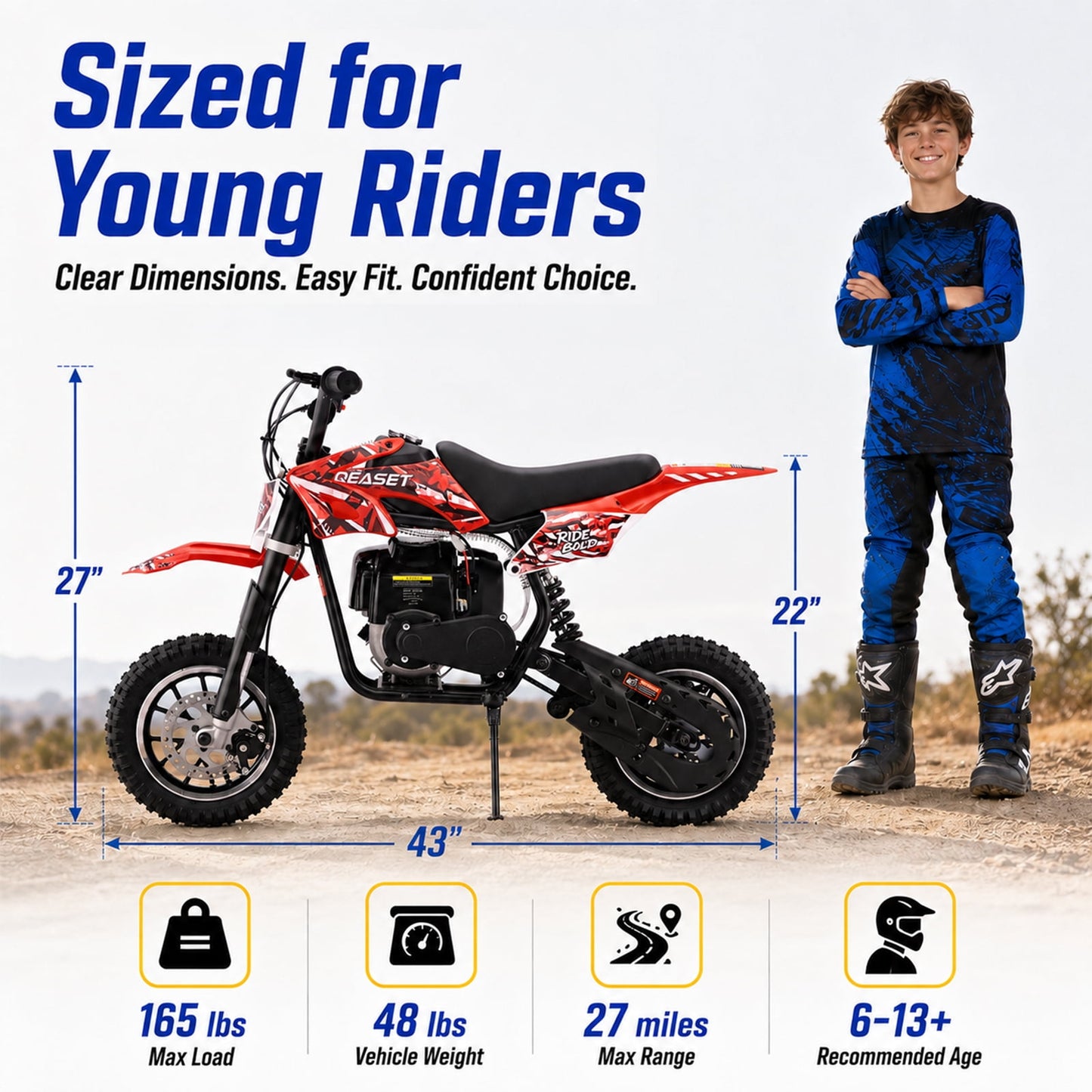 QEASET Mini Bicycles Ride-On Toy, 39cc 4-Stroke Gas Powered Off-Road Motorcycle with Rear Suspension & Disc Brakes, 18 MPH Top Speed, Supports Up to 165 lbs, Red