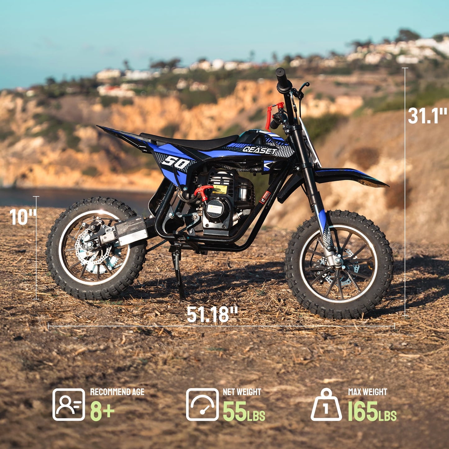 Upgrade Gas Dirt Bike,40cc 4-Stroke Gas Powered Kids Off Road Motorcycle with Off-Road Tire,Suspensions,Disc Brakes,Max Load 165Lbs,Up to 25Mph(Blue)