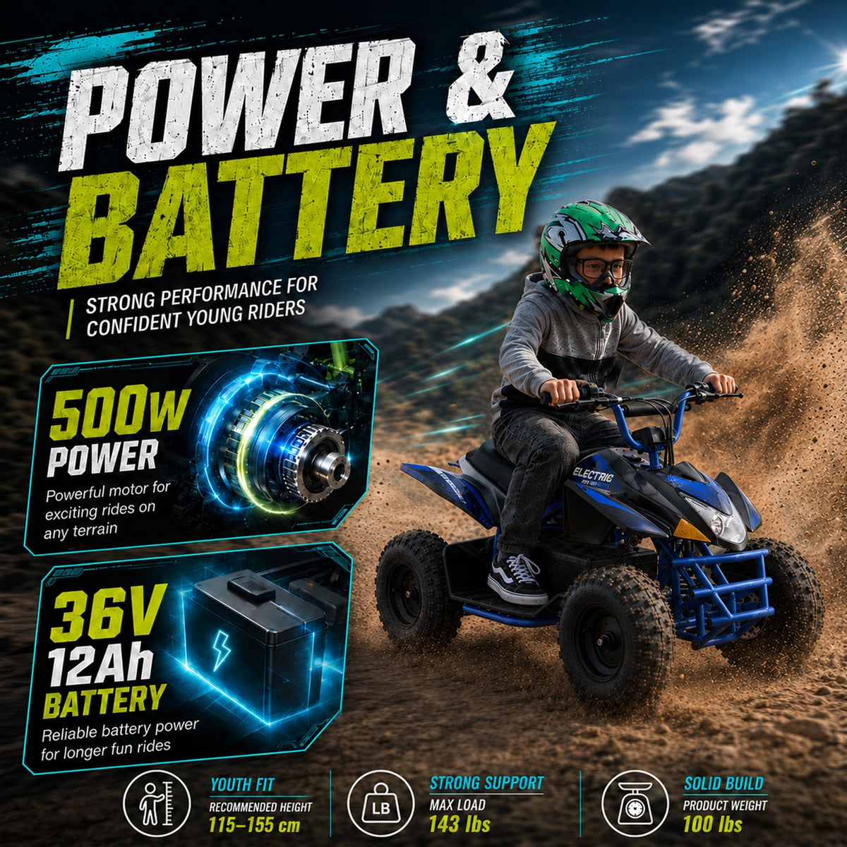 IVFJFV 36V Electric 4 Wheeler, Electric Four Wheeler with Rubber Tires, 500W Off-Road All-Terrain Featuring Dual Speed Adjust, Front Rear Shock Absorbers, Multiple Safety Protection Designs,BLUE