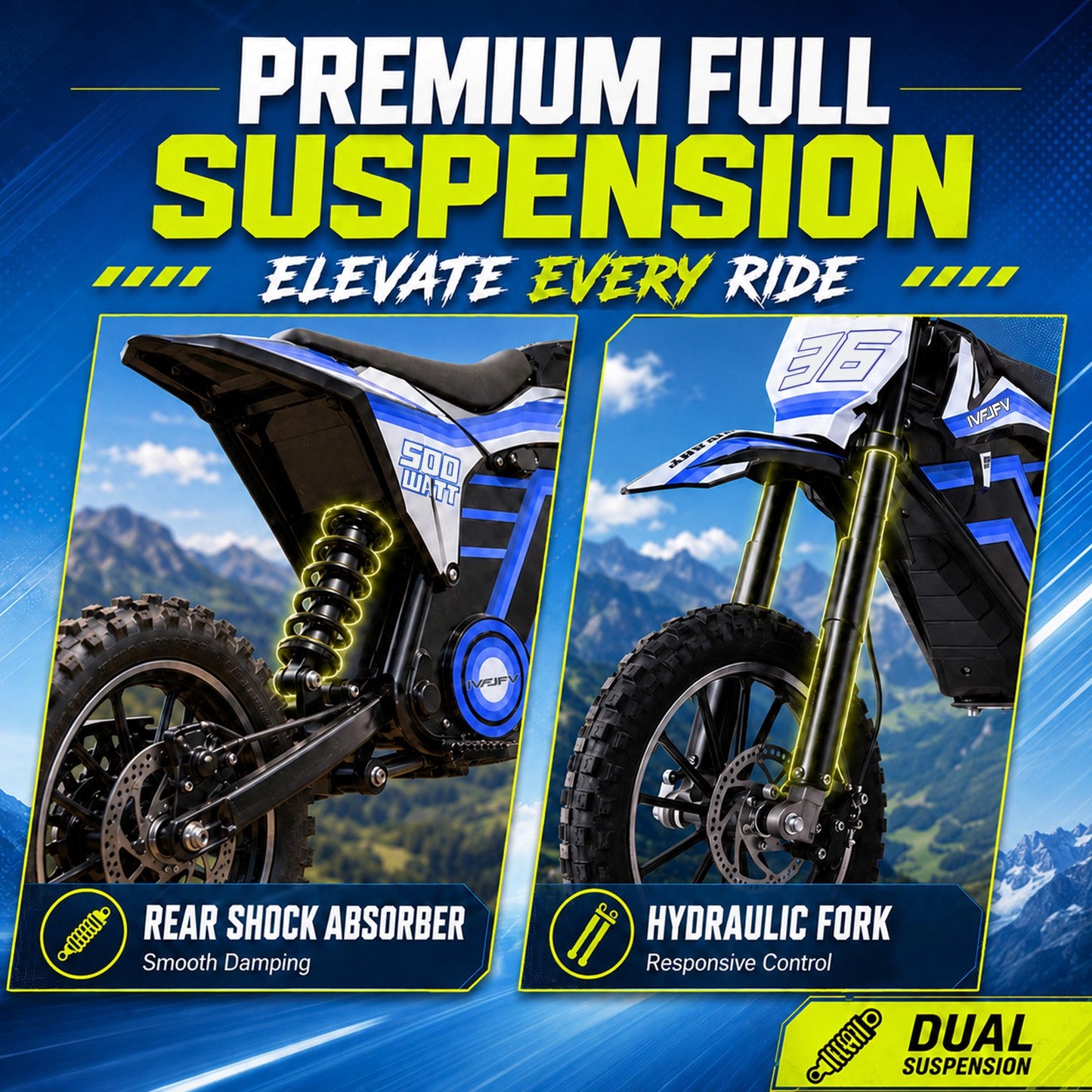 IVFJFV 500W Electric Dirt Bike for Kids,Up to 17.4MPH & 23.6 Miles,Two Speed Modes, Front & Rear Suspension,Mechanical Disc Brakes, 165 LBS,Beginner-Friendly Handle, All-Terrain,BLUE