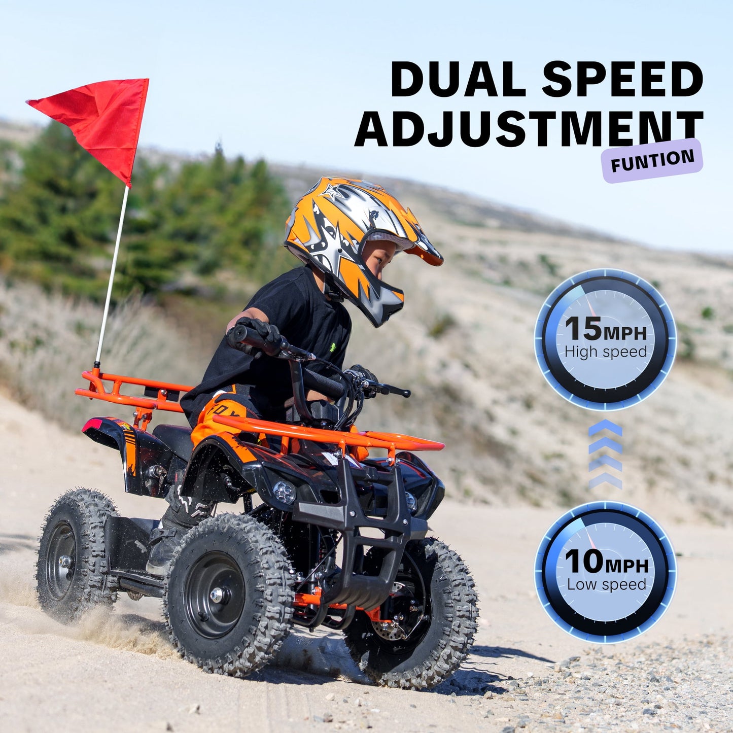 36V 500W Electric 4 Wheeler for age 12+,10/15 MPH Speed Adjustment,IVFJFV 12AH Battery Powered 4 Wheel with Safety Lock,Powered Ride-on Car Dual Shock Absorbers,LED Light,10" Off-Road Tires,Orange