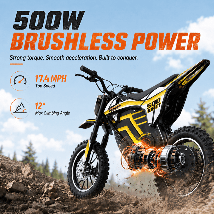 Aoemoe Electric Dirt Bike, 36V 500W Motorized Mini Bike, 17 MPH Top Speed, Front Suspension, Off-Road Tires, Yellow