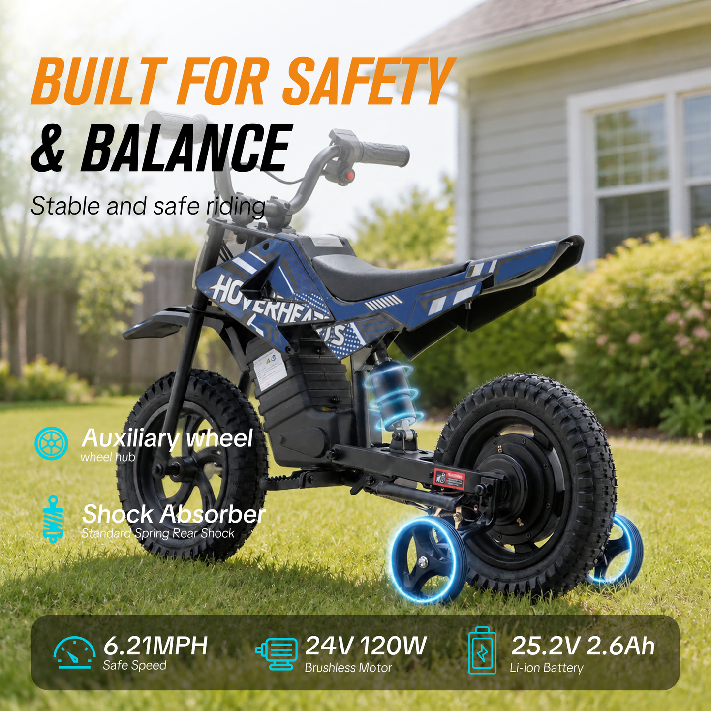 Aoemoe 120W 25.2V 2.6Ah Battery, Electric Dirt Bike, 6.2 MPH Max Speed, Gifts for children, Blue