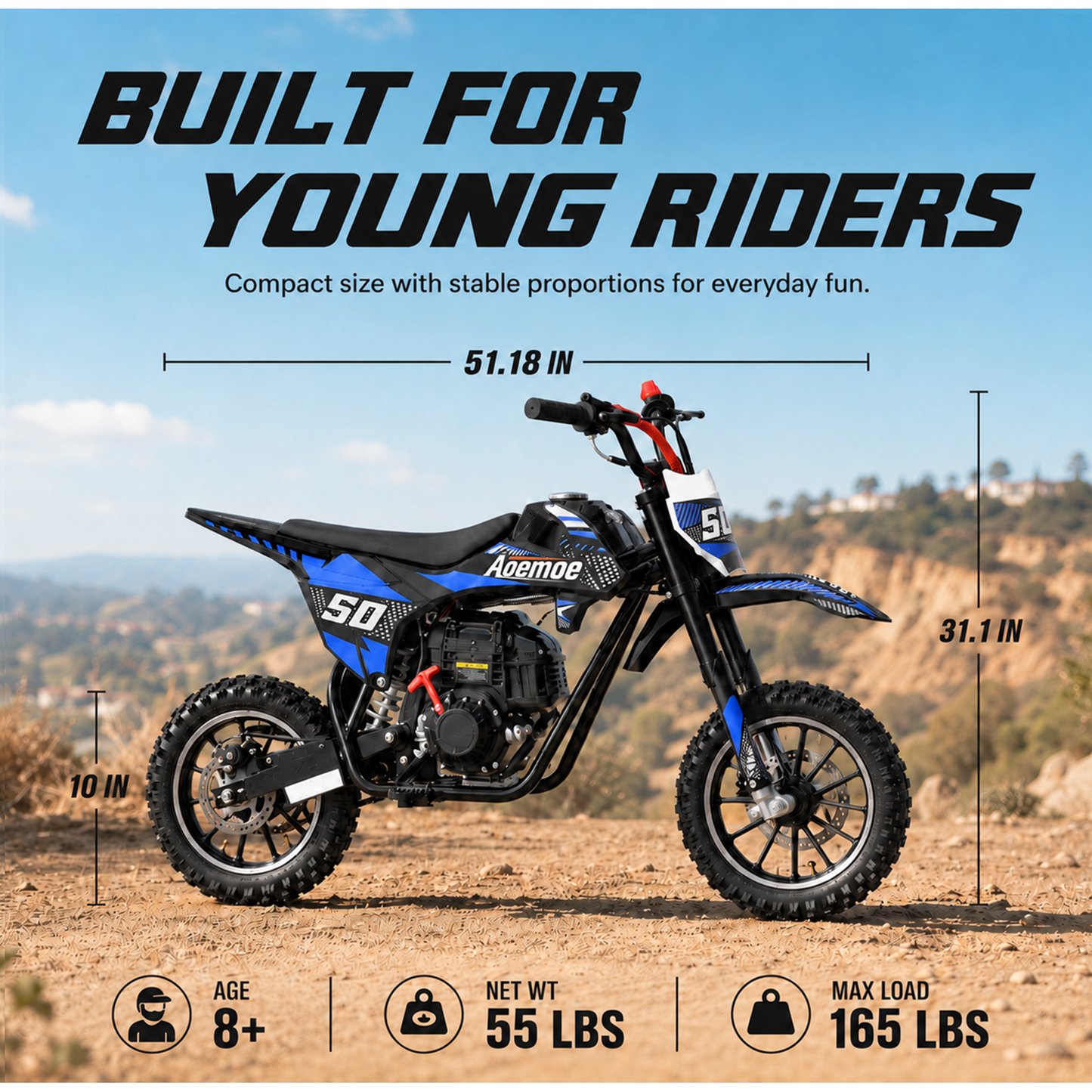 Aoemoe 39cc motor bike, 20mph gas dirt bikes for boys 8 12, Disc Brakes, Max Load 165Lbs, kids dirt bike, Blue