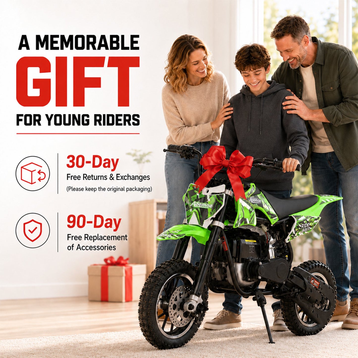 Aoemoe dirt bicycles, 39cc gas power motorcycle, 45×24×16in , 4-Stroke, dirt bicycles for kid 8 14, Green
