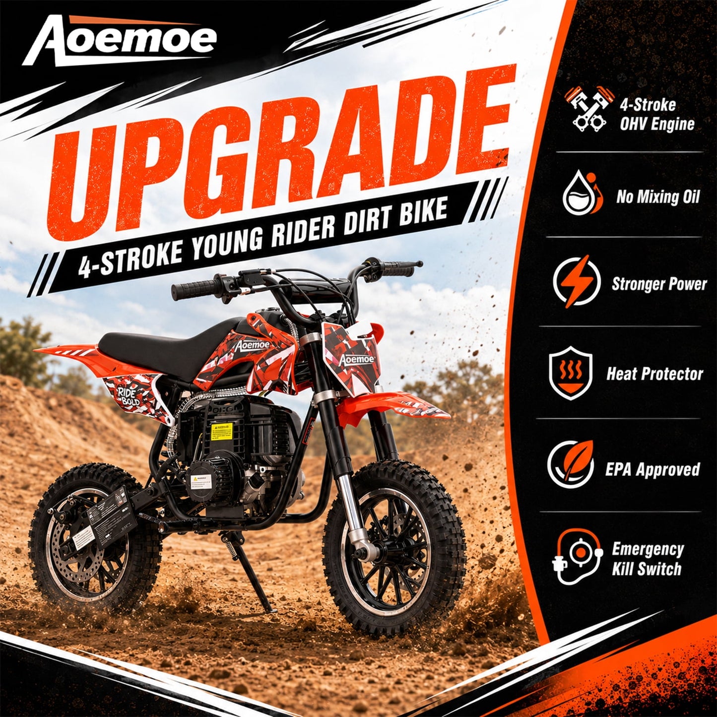 Aoemoe 49cc Kids Dirt Bike, Gasoline Powered 2-Stroke Mini Motorcycle, 1-Seater, Red