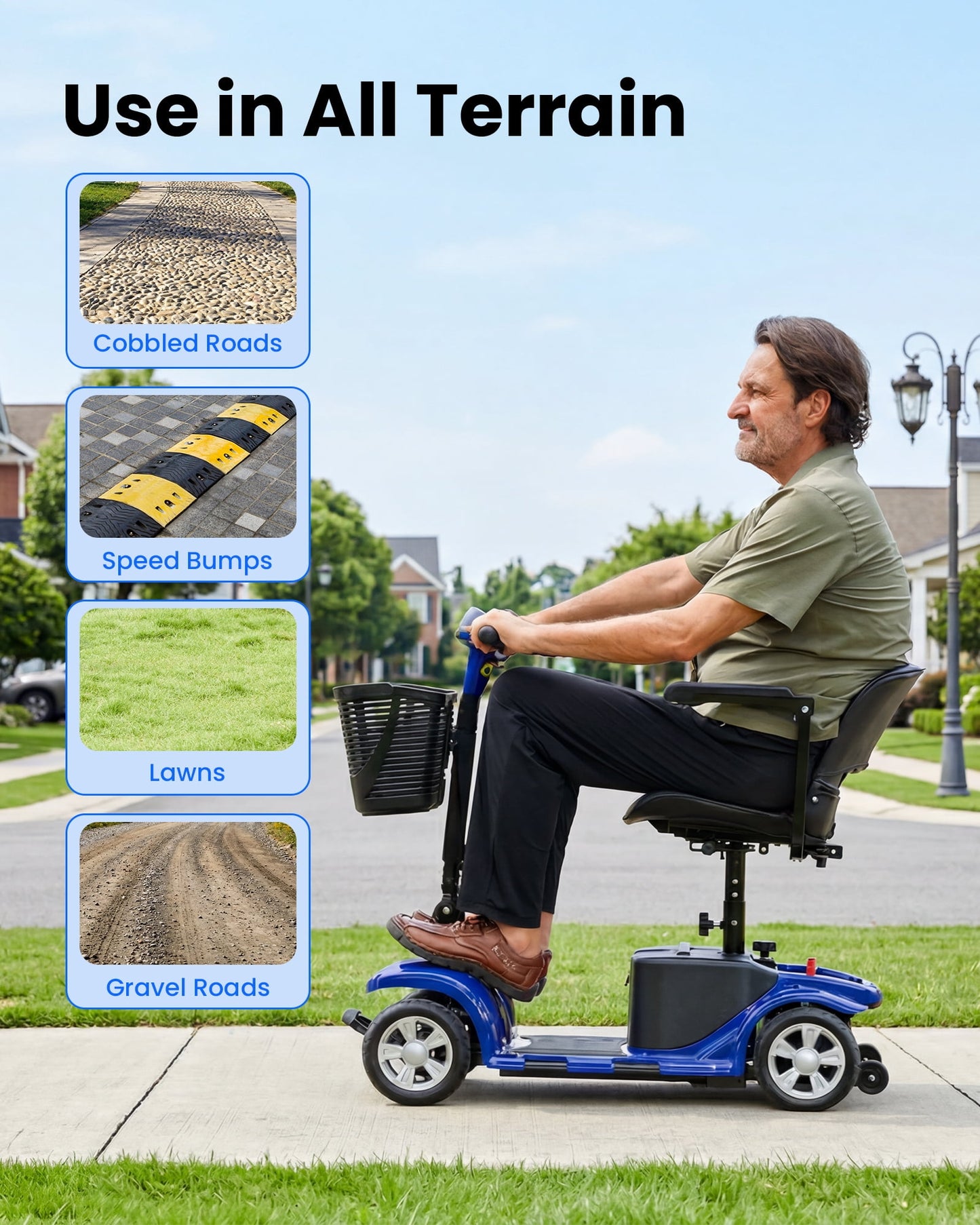4 Wheels Mobility Scooter for Adults, Senior Electric Powered Chargeable Device for Travel, Lightweight and Portable, with LED Headlights and Basket, Charger Included (Blue)