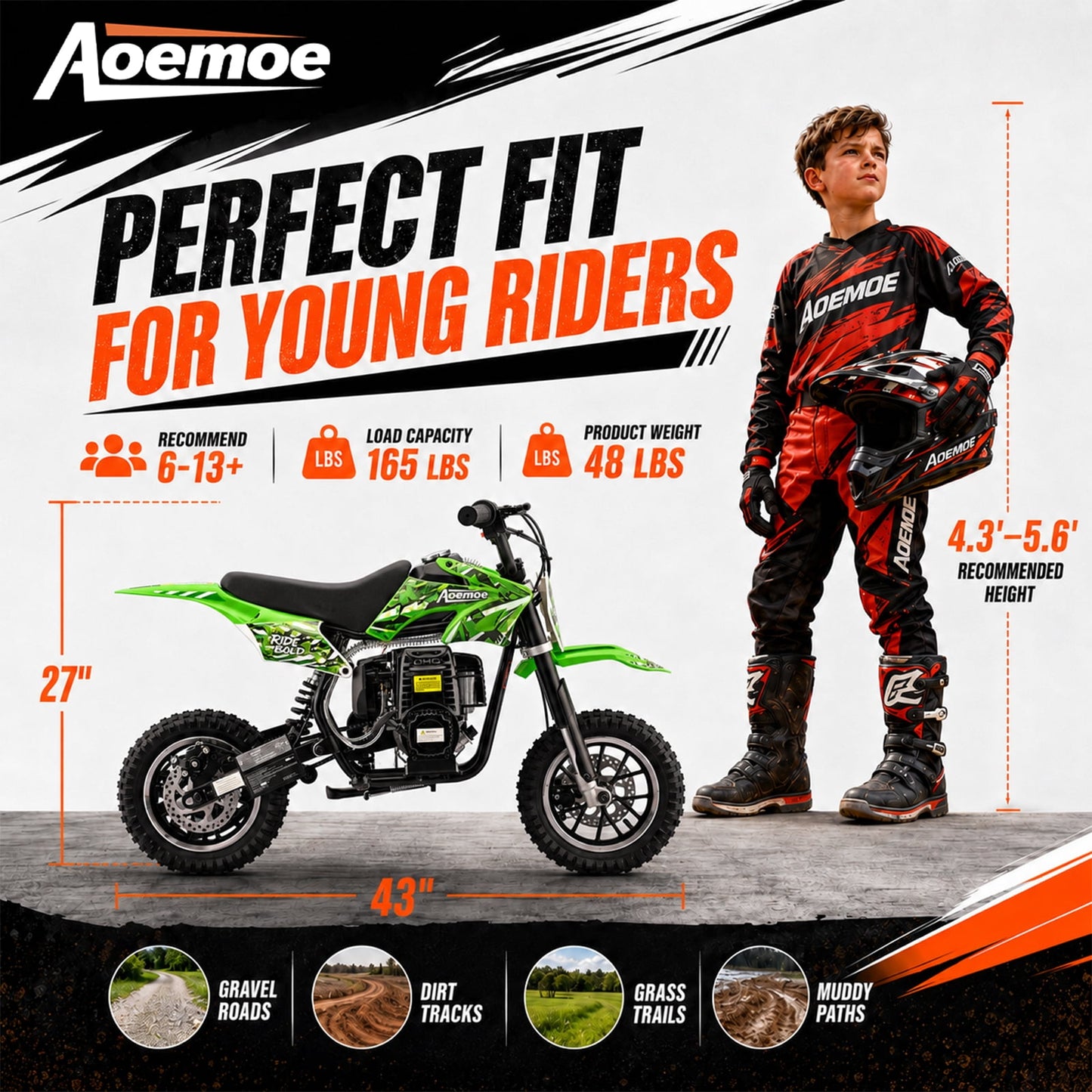 Aoemoe 49cc Kids Dirt Bike, Gasoline Powered 2-Stroke Mini Motorcycle, 1-Seater, Green