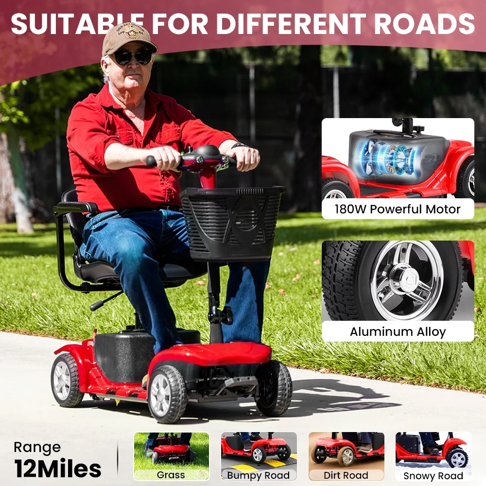 4 Wheel Mobility Scooter for Seniors, Foldable Powered Mobile Wheelchair for Adult 300lbs, Red