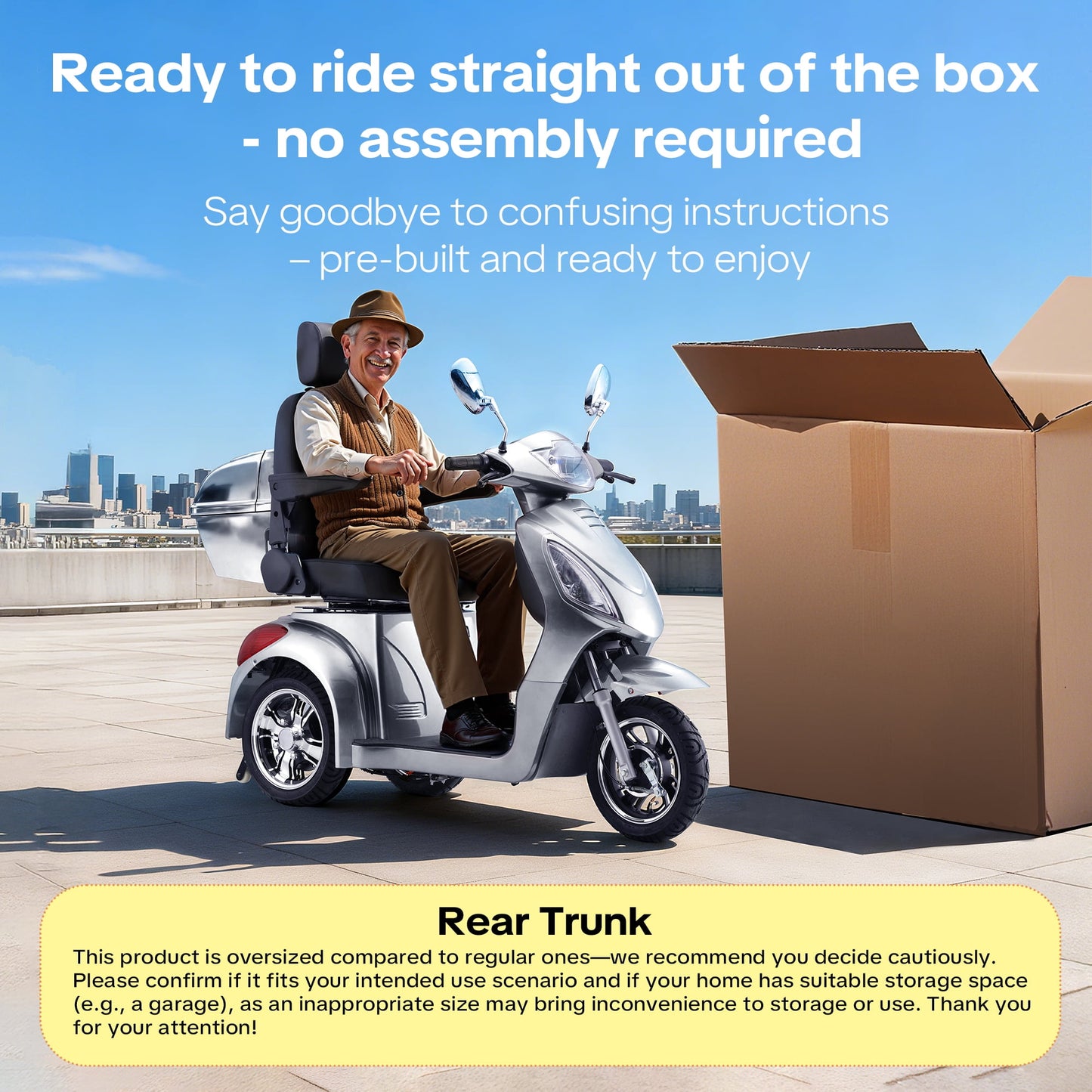 Arshin 3-Wheel Mobility Scooter for Seniors–500 lb Capacity,800W Motor,31-Mile Long Range,15 MPH Top Speed,Premium Comfort Seat,Rear Trunk,No Assembly(Silver)