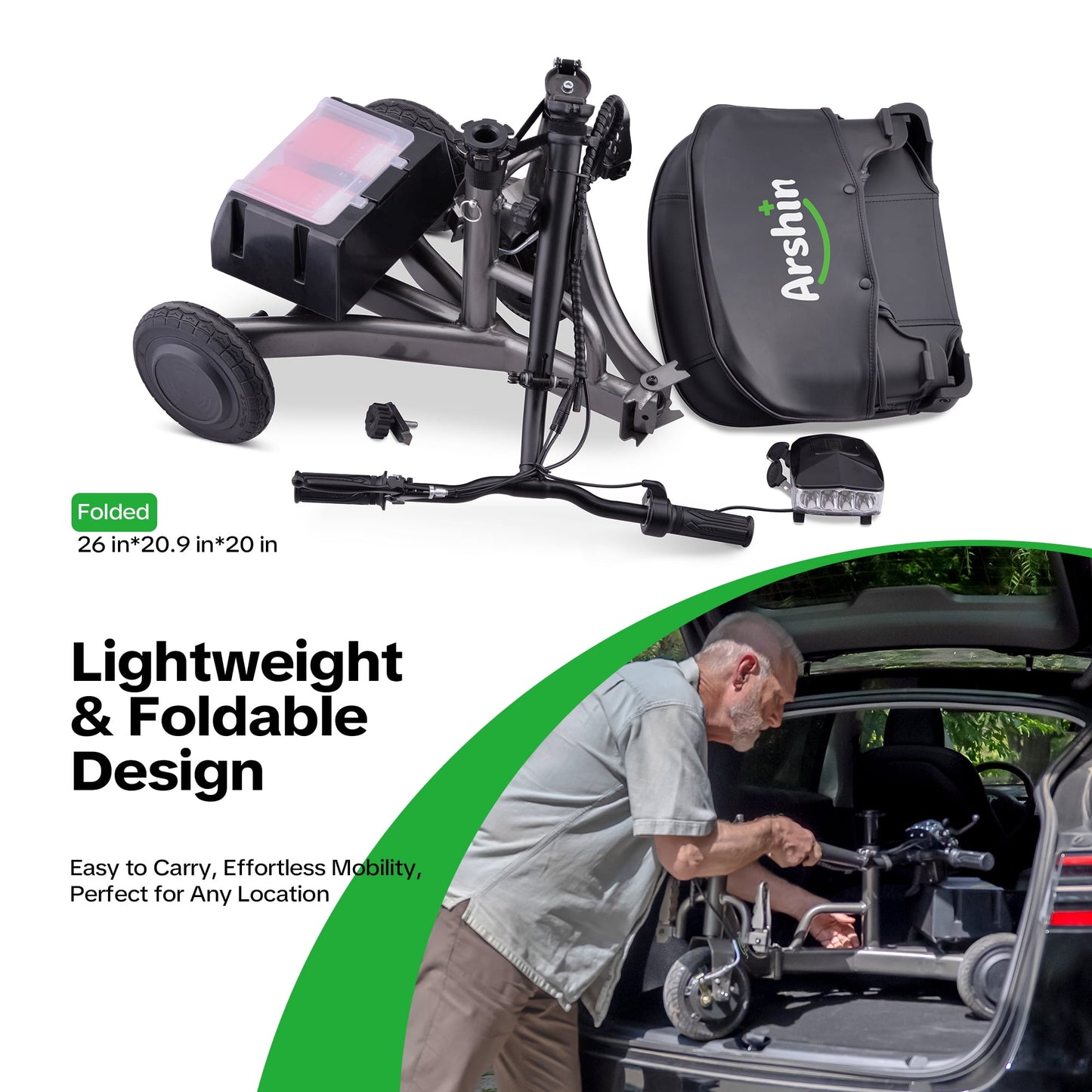 Upgrade Mobility Scooter Lightweight Foldable,All Terrain Mobility Scooters for Seniors & Adults,Arshin 300lbs Electric Wheelchair Strong Device for Travel,2 Batteries,Variable Speed(Gunmetal)