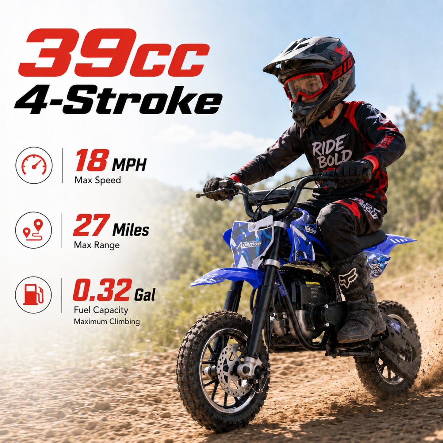 Aoemoe dirt bicycles, 39cc gas power motorcycle, 45×24×16in , 4-Stroke, dirt bicycles for kid 8 14, Blue