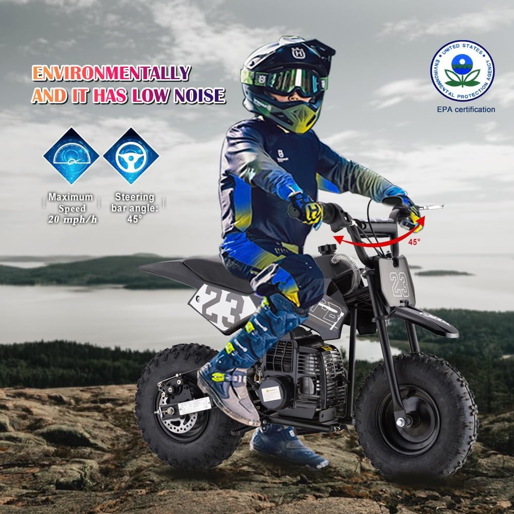 Aoemoe Mini Kid Dirt Bike, 49 CC 2-Stroke Gas Bike with Off-Rode Tire, Suspensions, Disc Brakes, Max Load 160Lbs, Up to 20Mph, EPA Approved